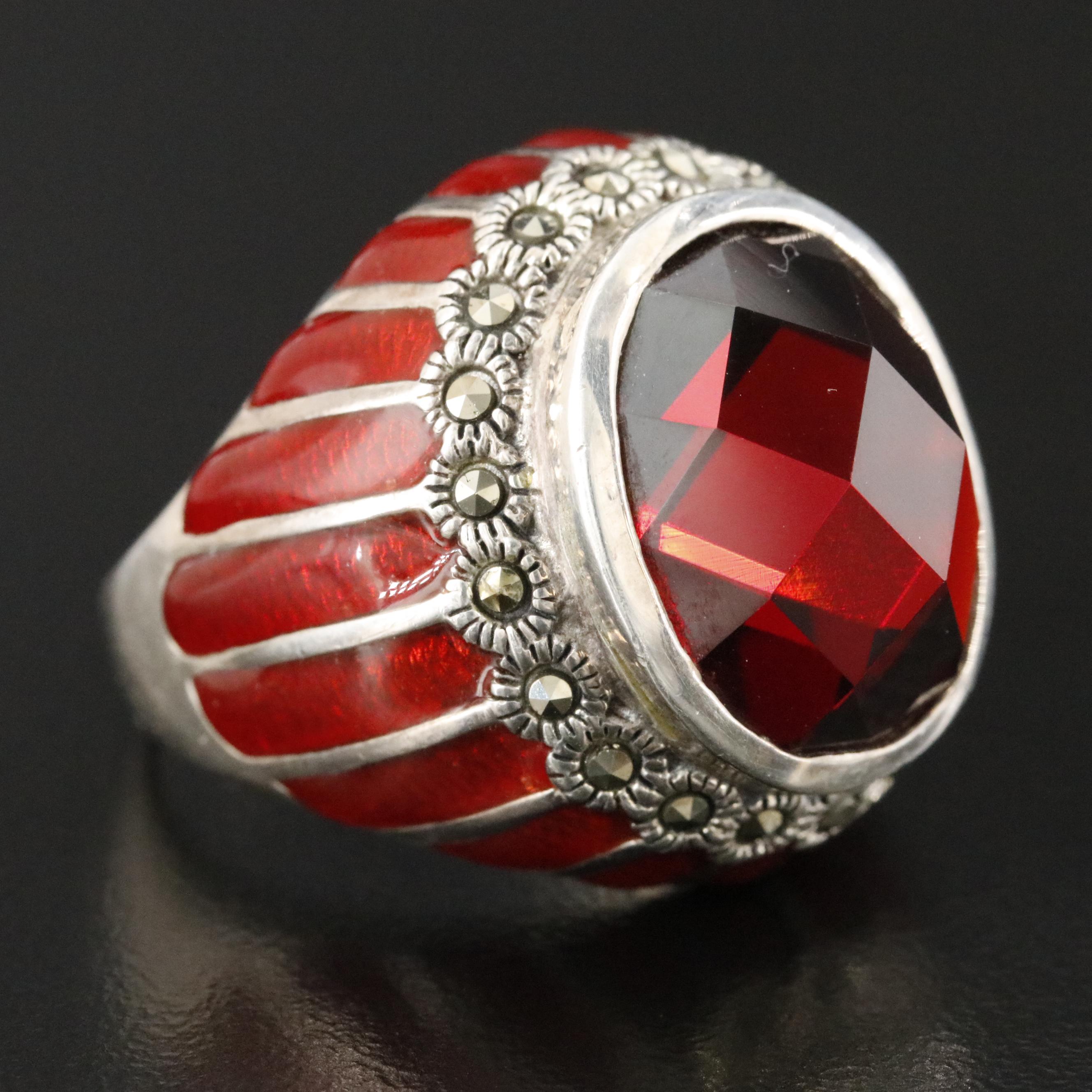 Sterling Garnet, Marcasite, and Enamel Ring