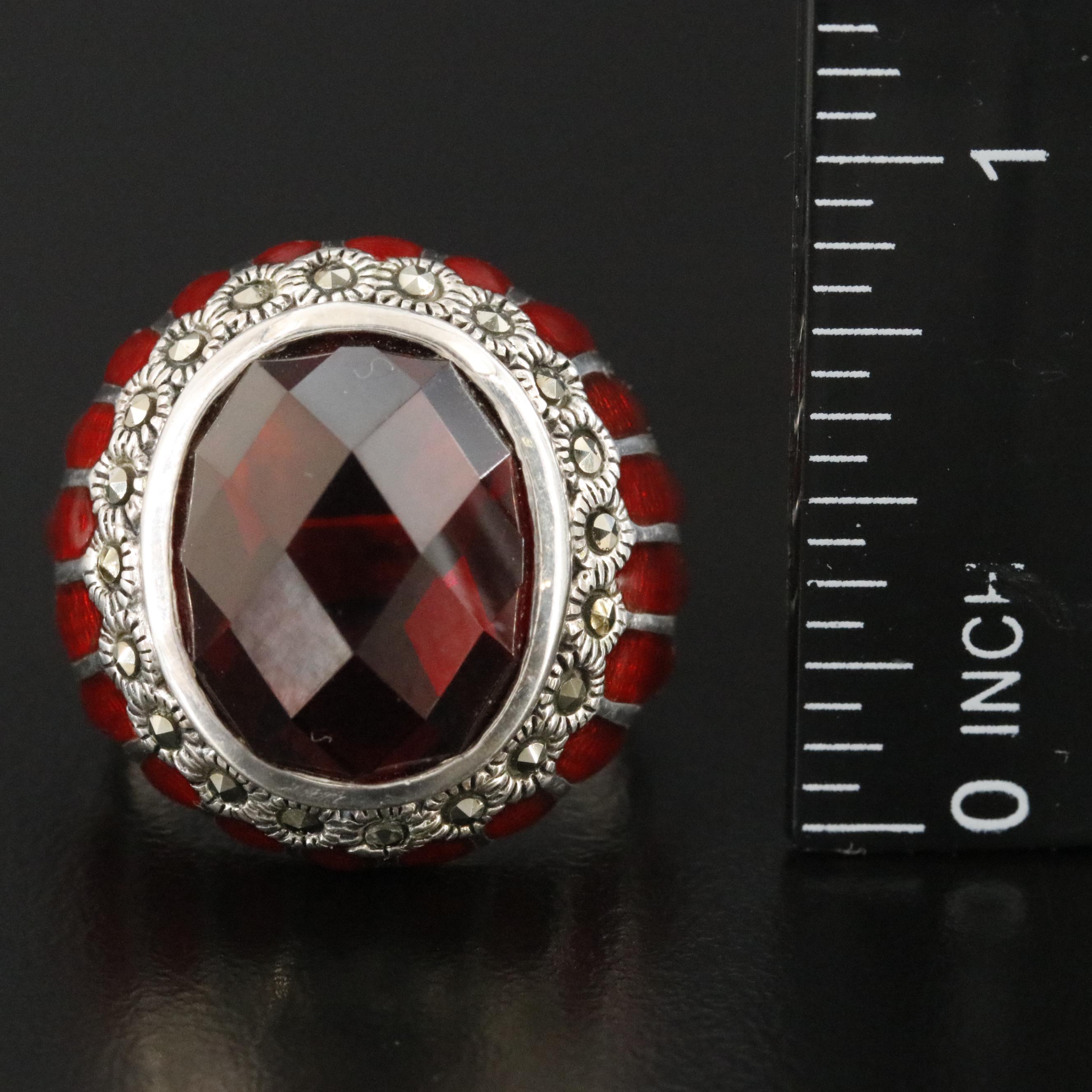 Sterling Garnet, Marcasite, and Enamel Ring