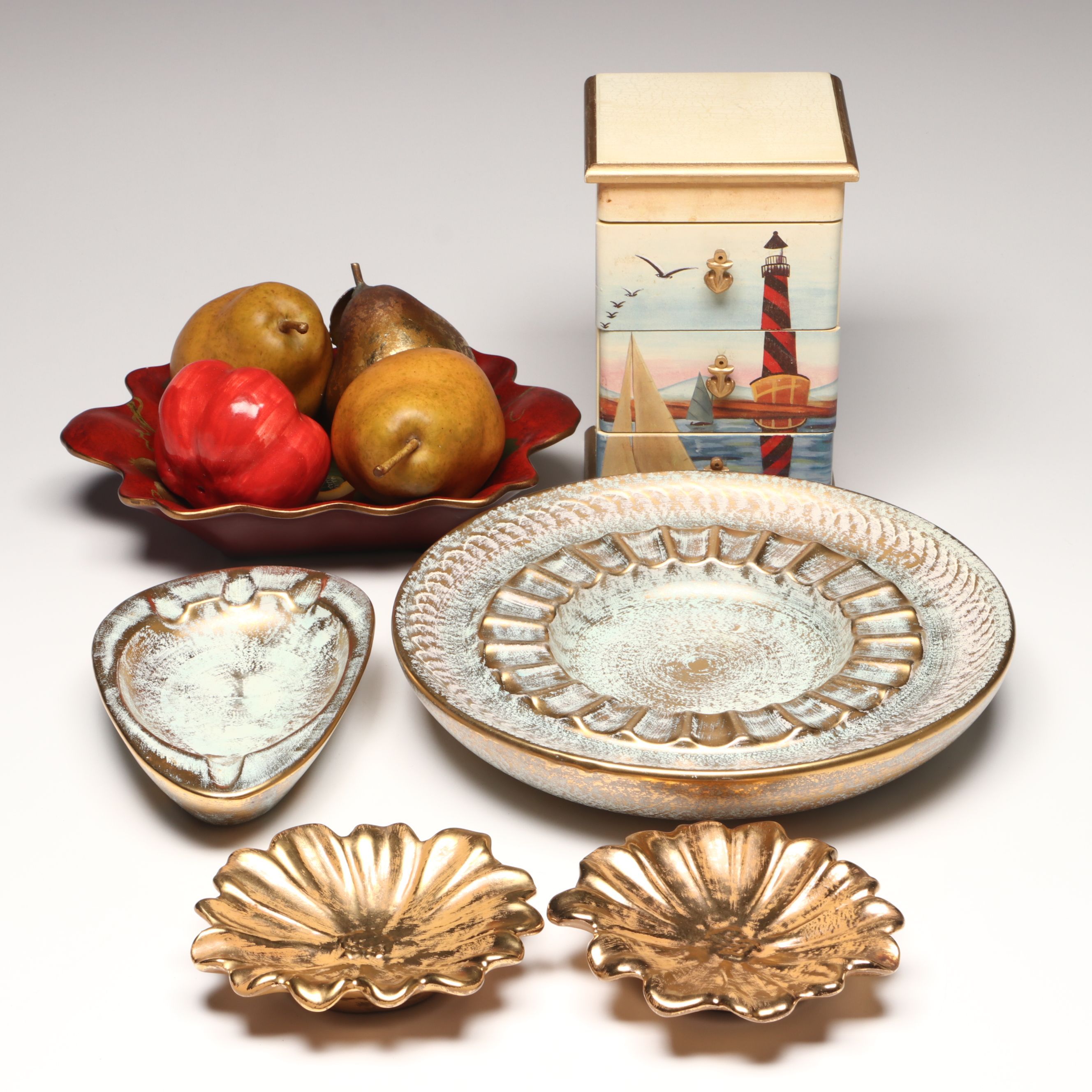 Stangl Pottery Ashtray and Bowl, Wooden Cabinet, and More Table Accessories