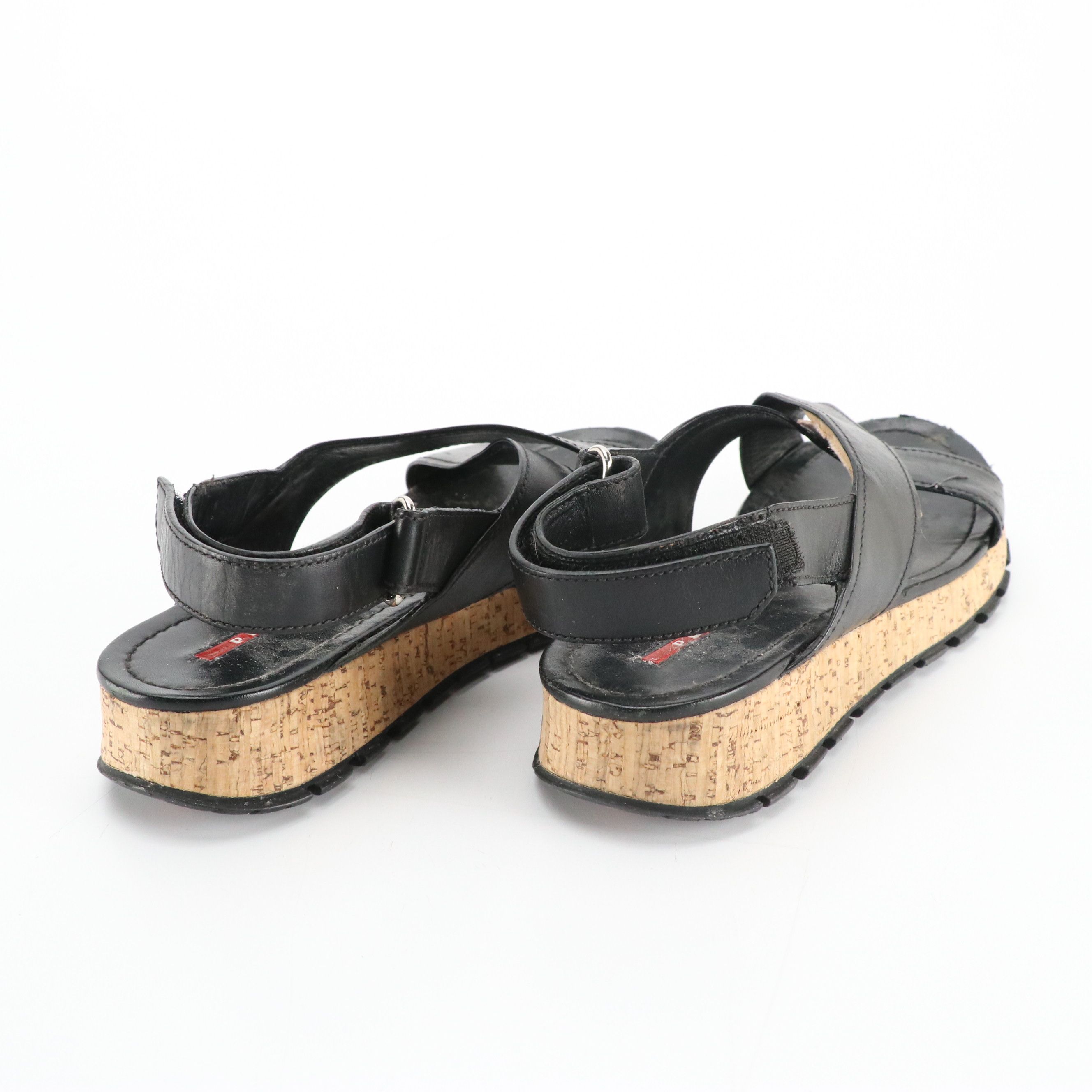 Prada Sport Black Leather Cork Sandals