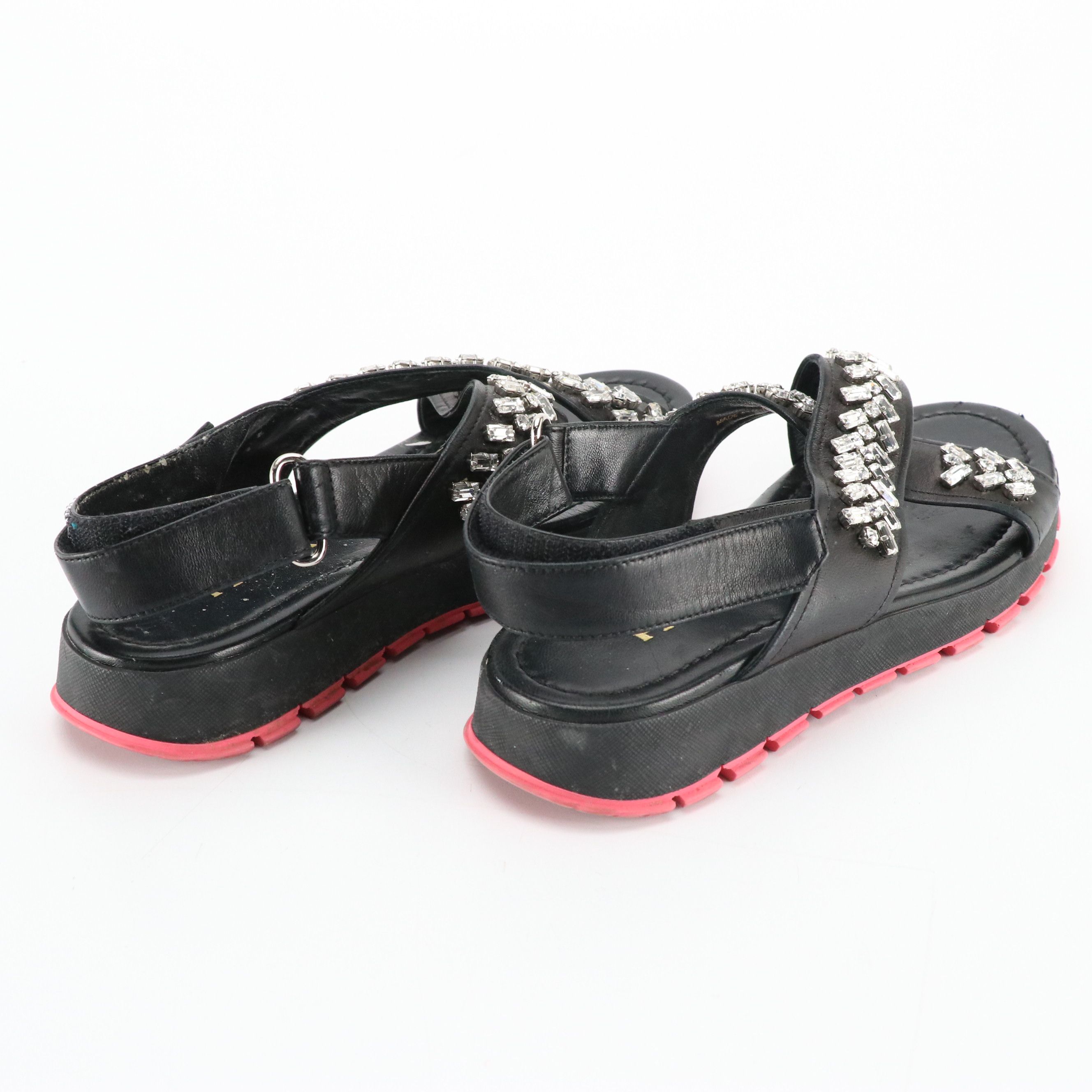 Prada Prong-Set Crystal Embellished Black Leather Sandals