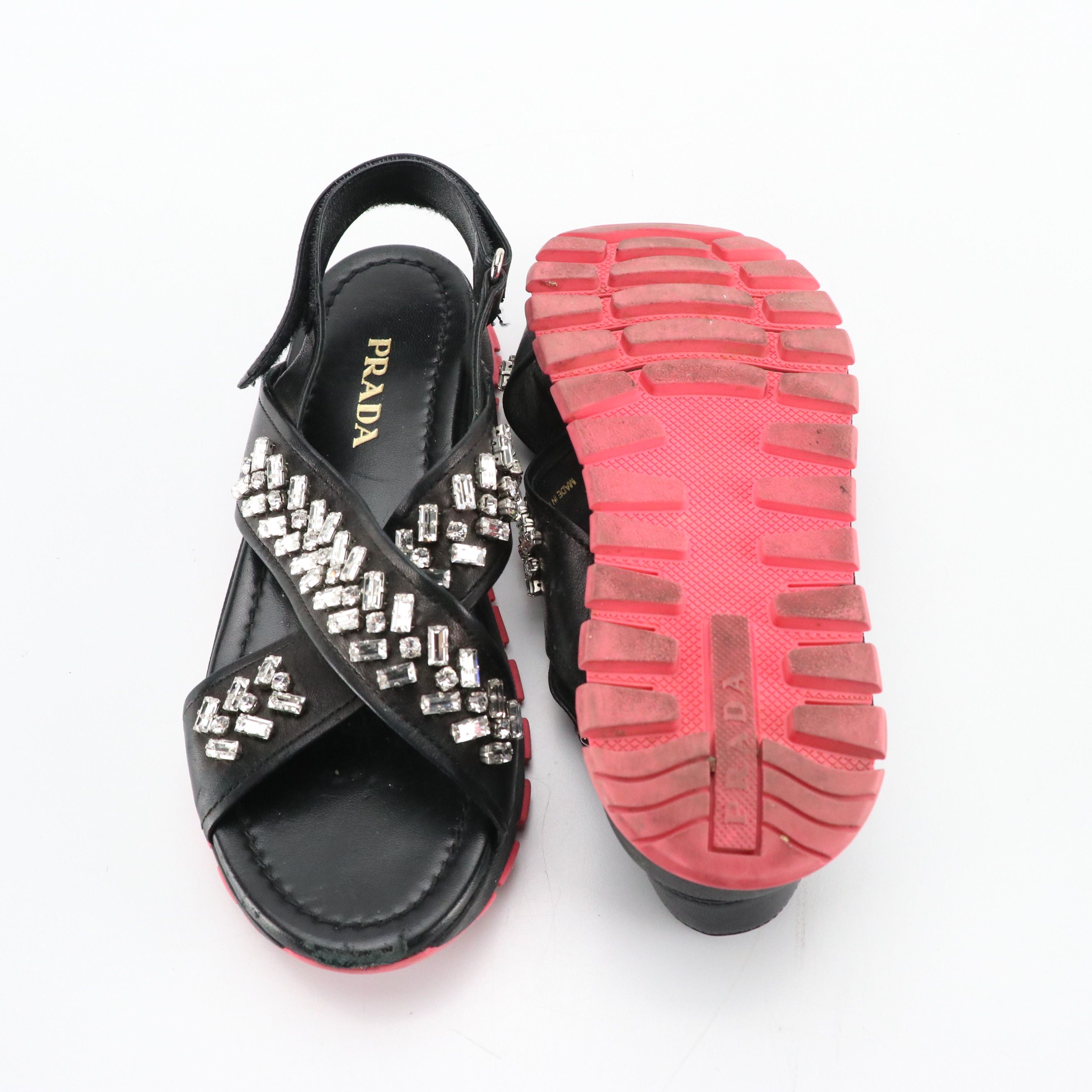 Prada Prong-Set Crystal Embellished Black Leather Sandals