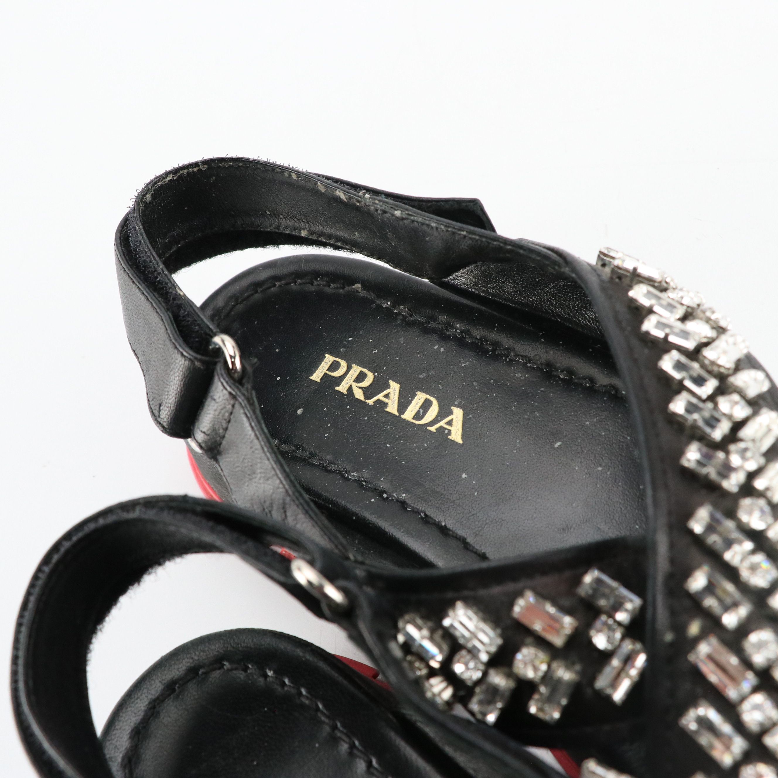 Prada Prong-Set Crystal Embellished Black Leather Sandals