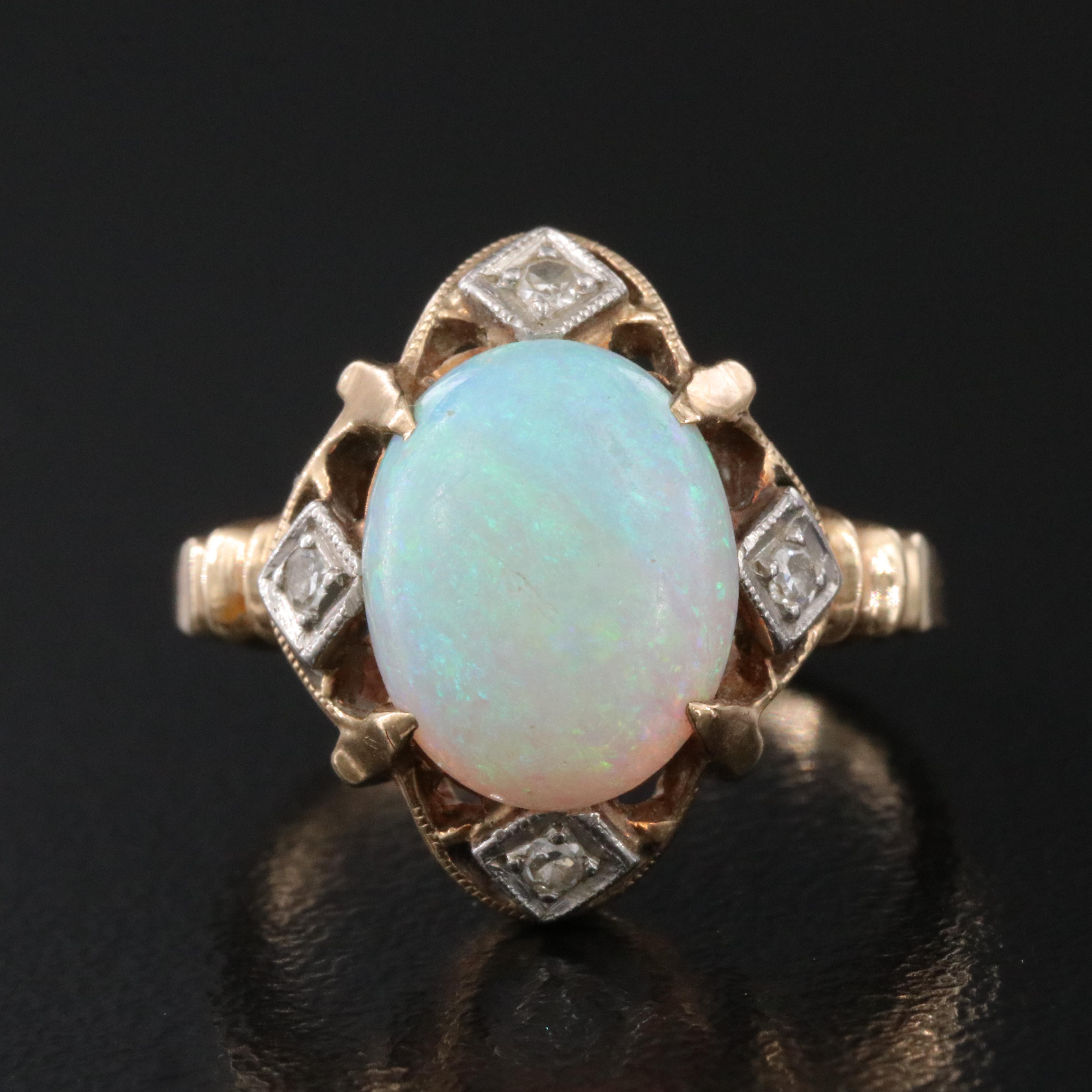 Vintage 10K Opal and Diamond Ring with Palladium Settings