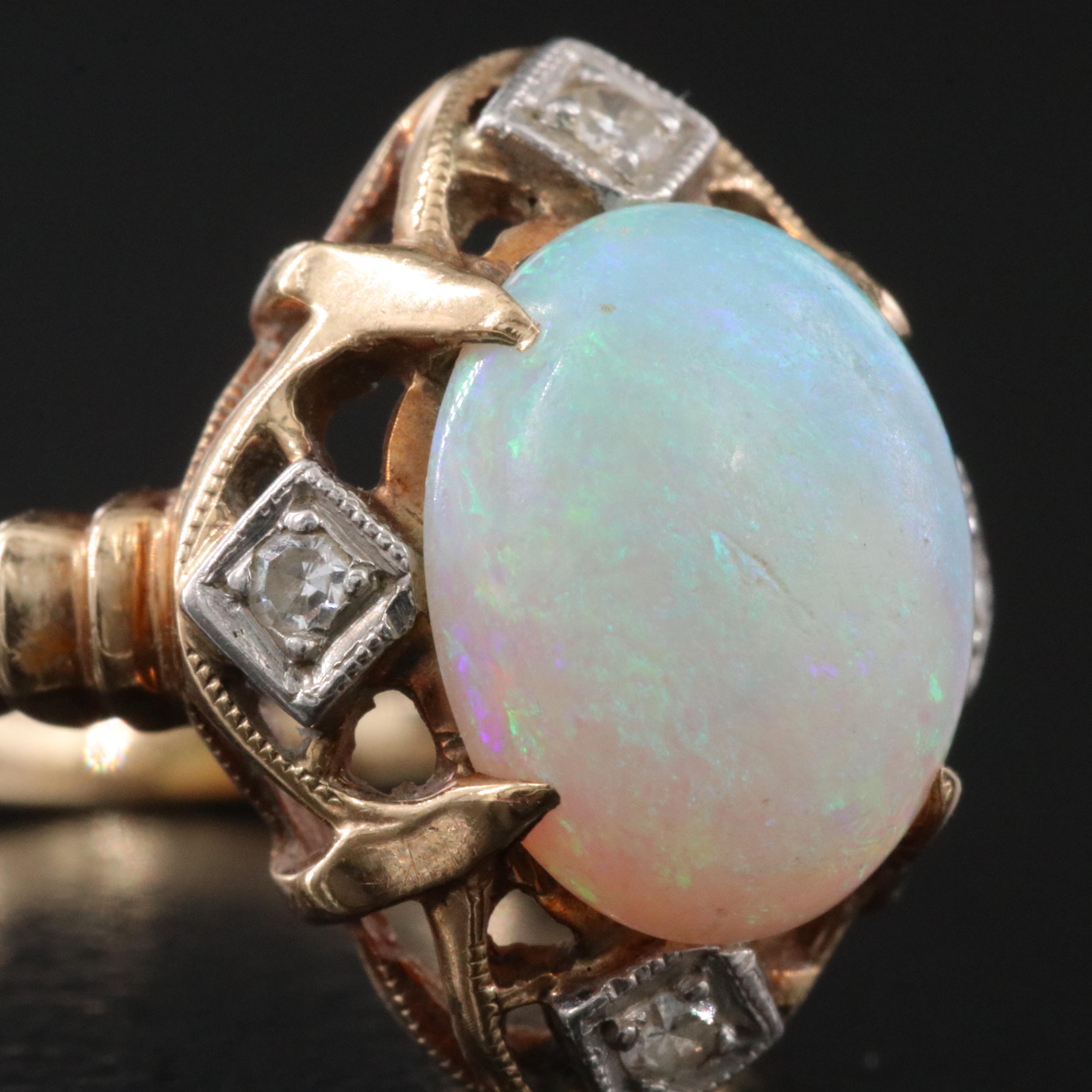 Vintage 10K Opal and Diamond Ring with Palladium Settings