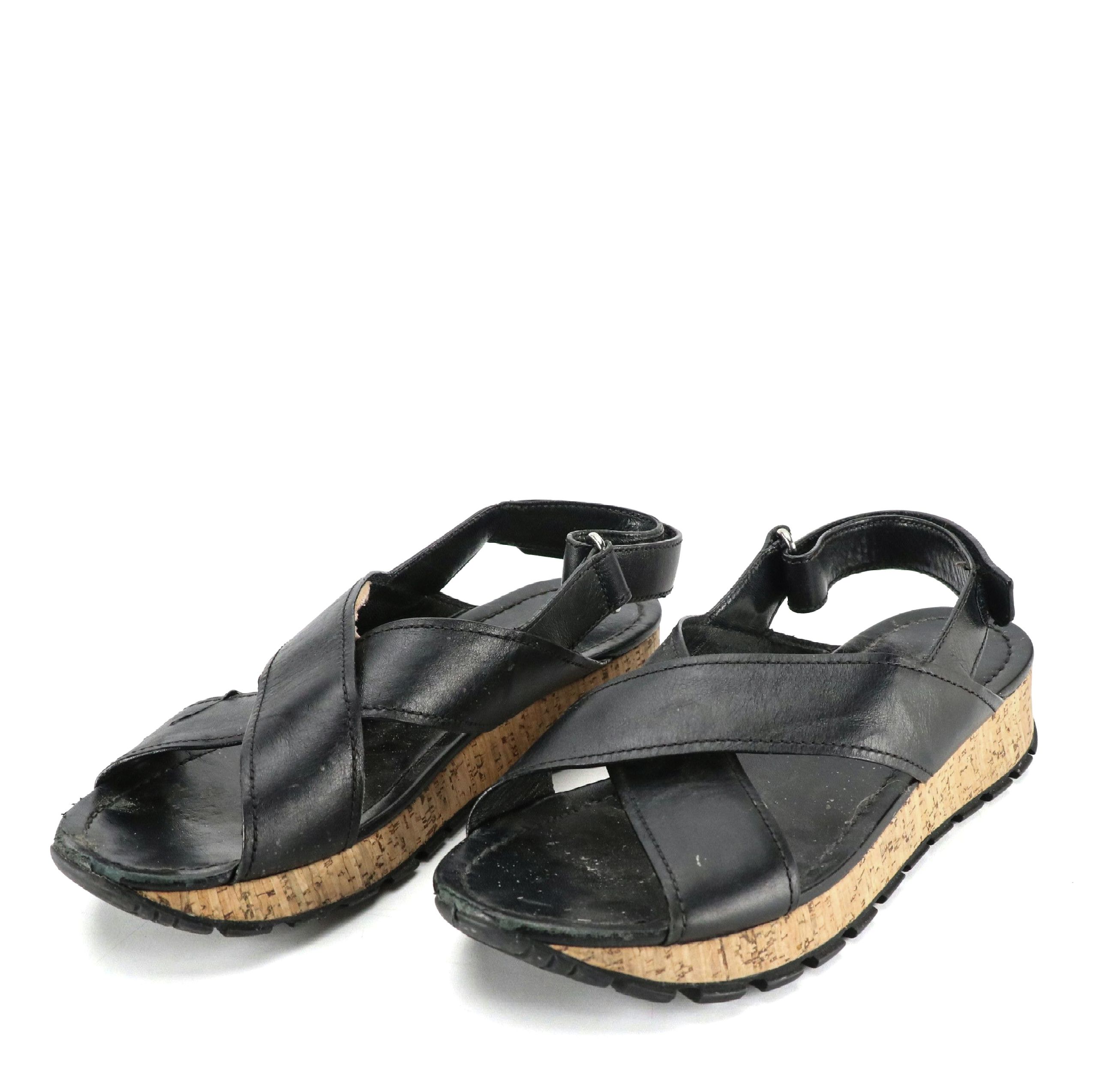 Prada Sport Black Leather Cork Sandals
