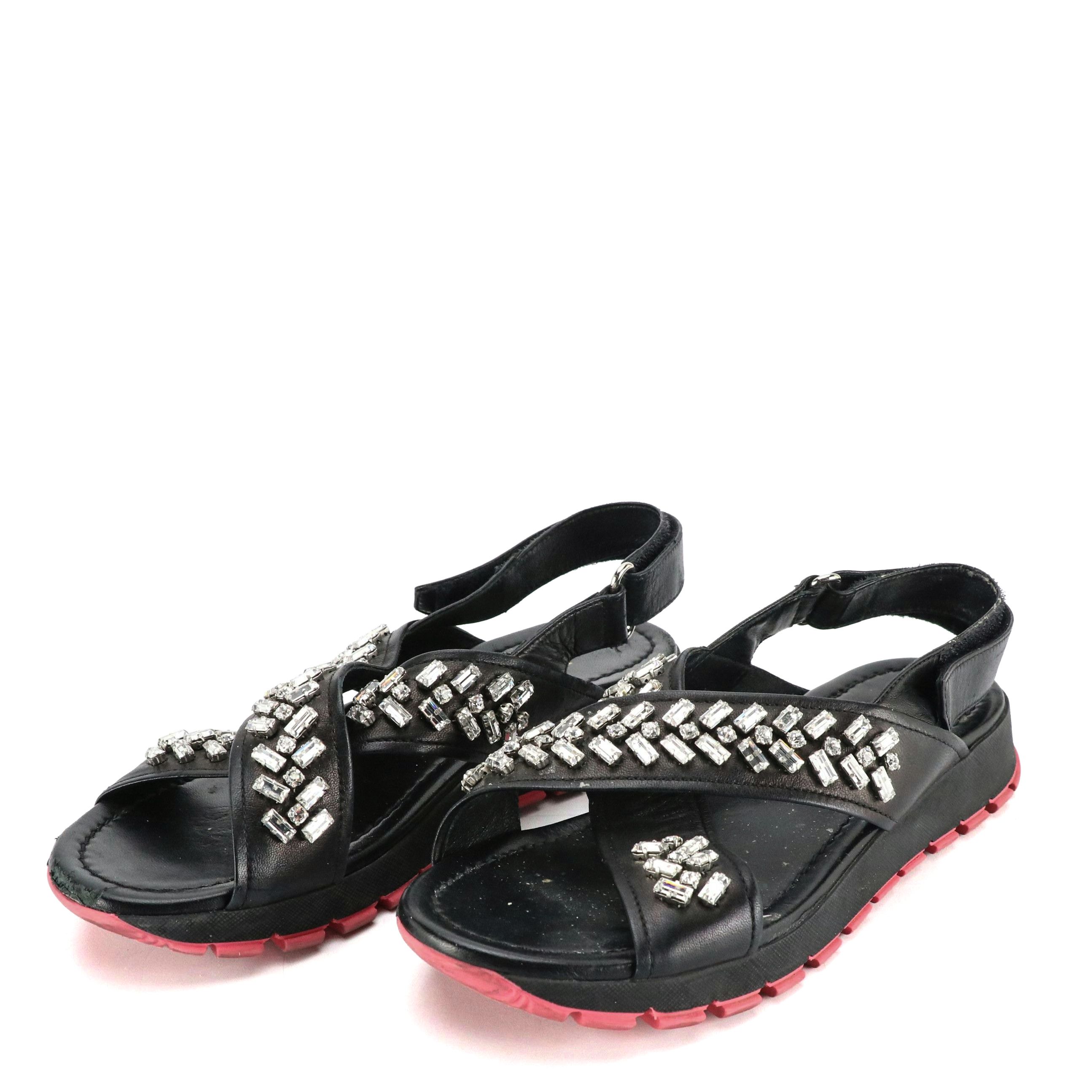 Prada Prong-Set Crystal Embellished Black Leather Sandals