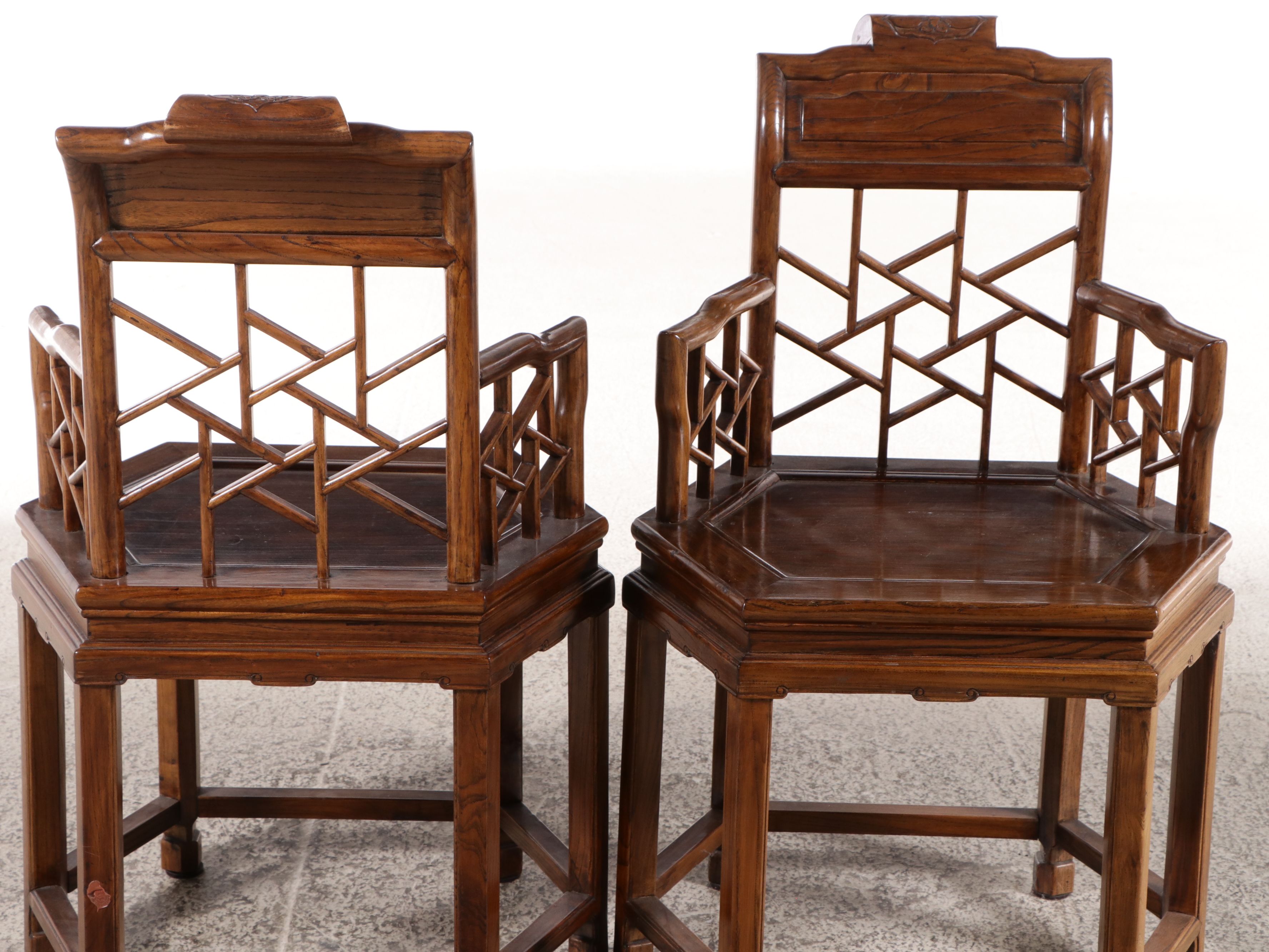 Chinese Style Rosewood "Crackle Ice" Armchairs and Other Side Table