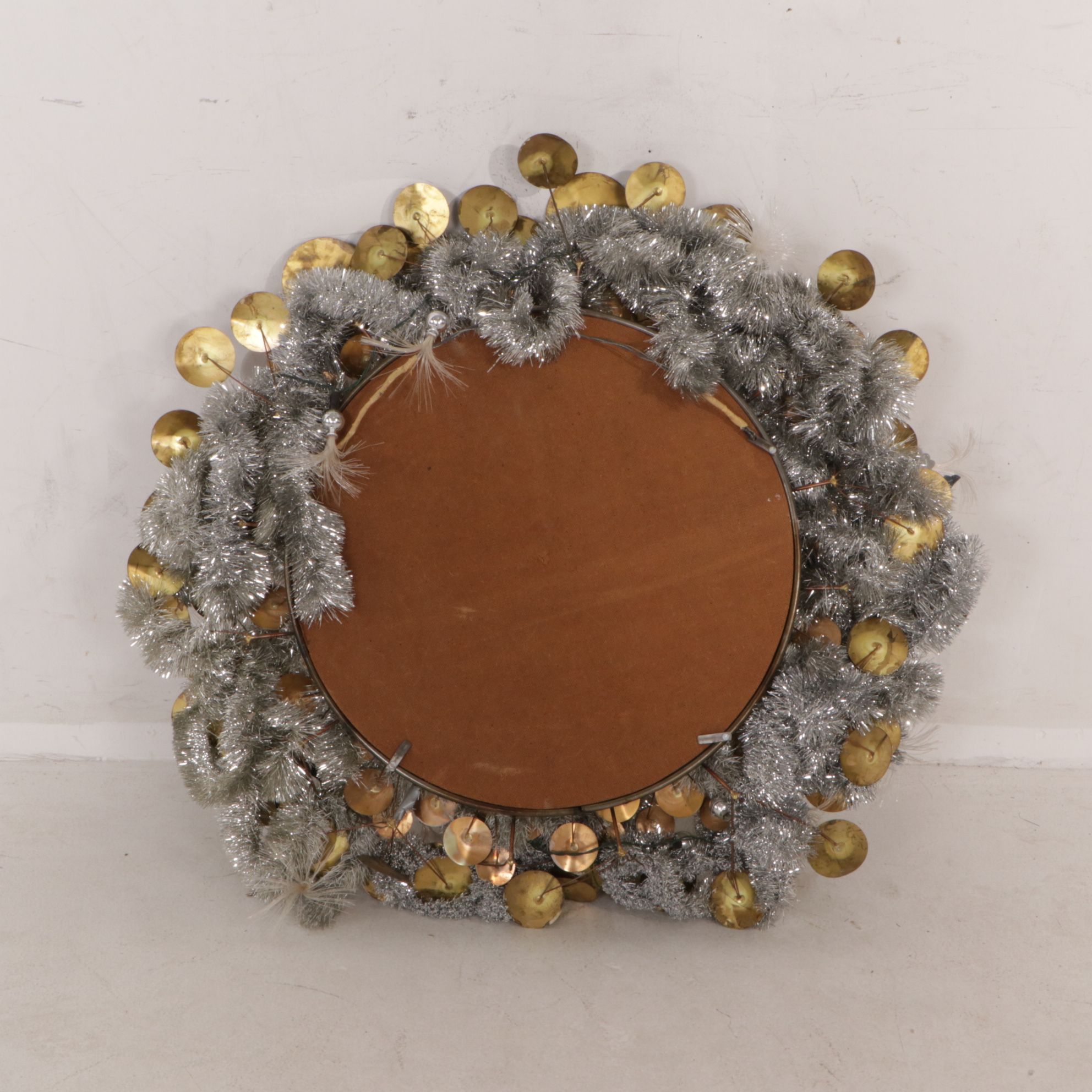 Christmas Light-Up Wall Mirror with Poinsettia and Tinsel Wreath Frame