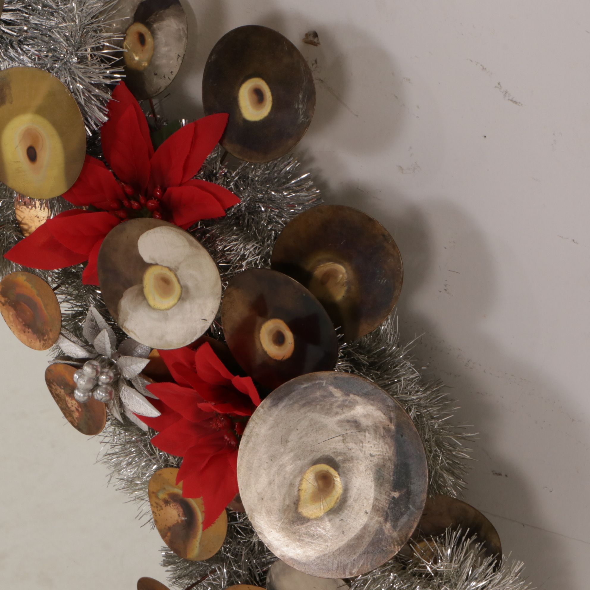 Christmas Light-Up Wall Mirror with Poinsettia and Tinsel Wreath Frame