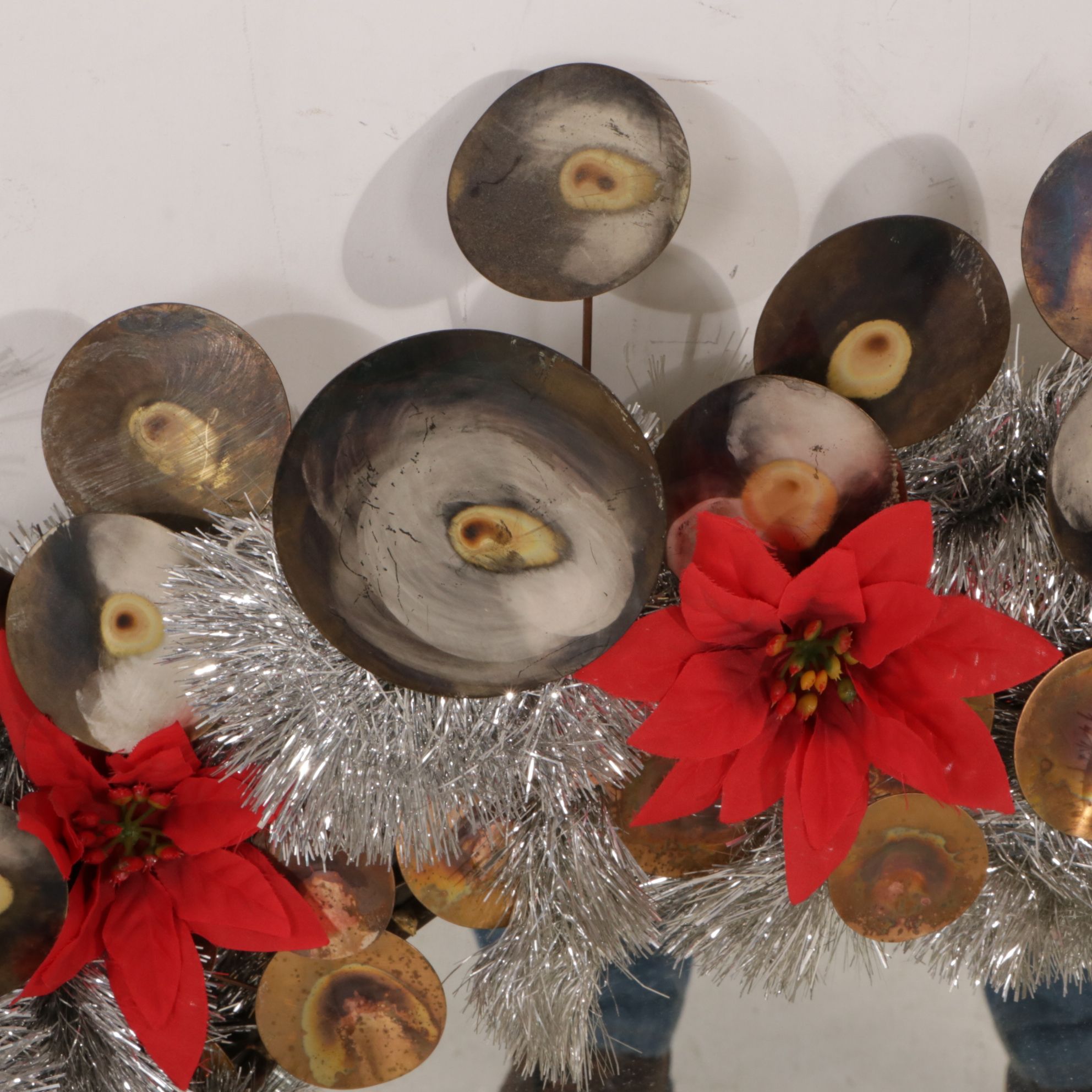 Christmas Light-Up Wall Mirror with Poinsettia and Tinsel Wreath Frame