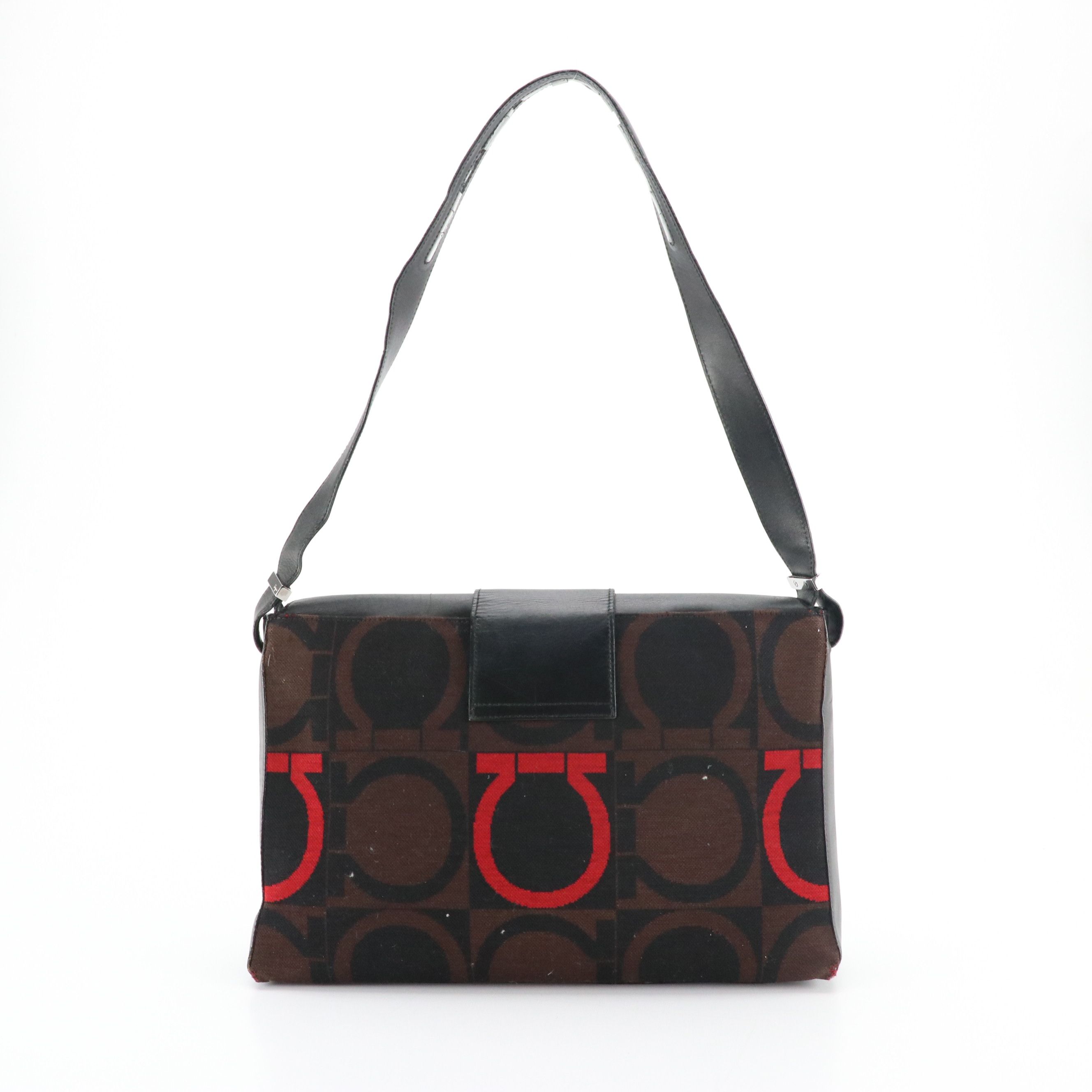 Salvatore Ferragamo Gancini Wool and Black Leather Front-Flap Shoulder Bag