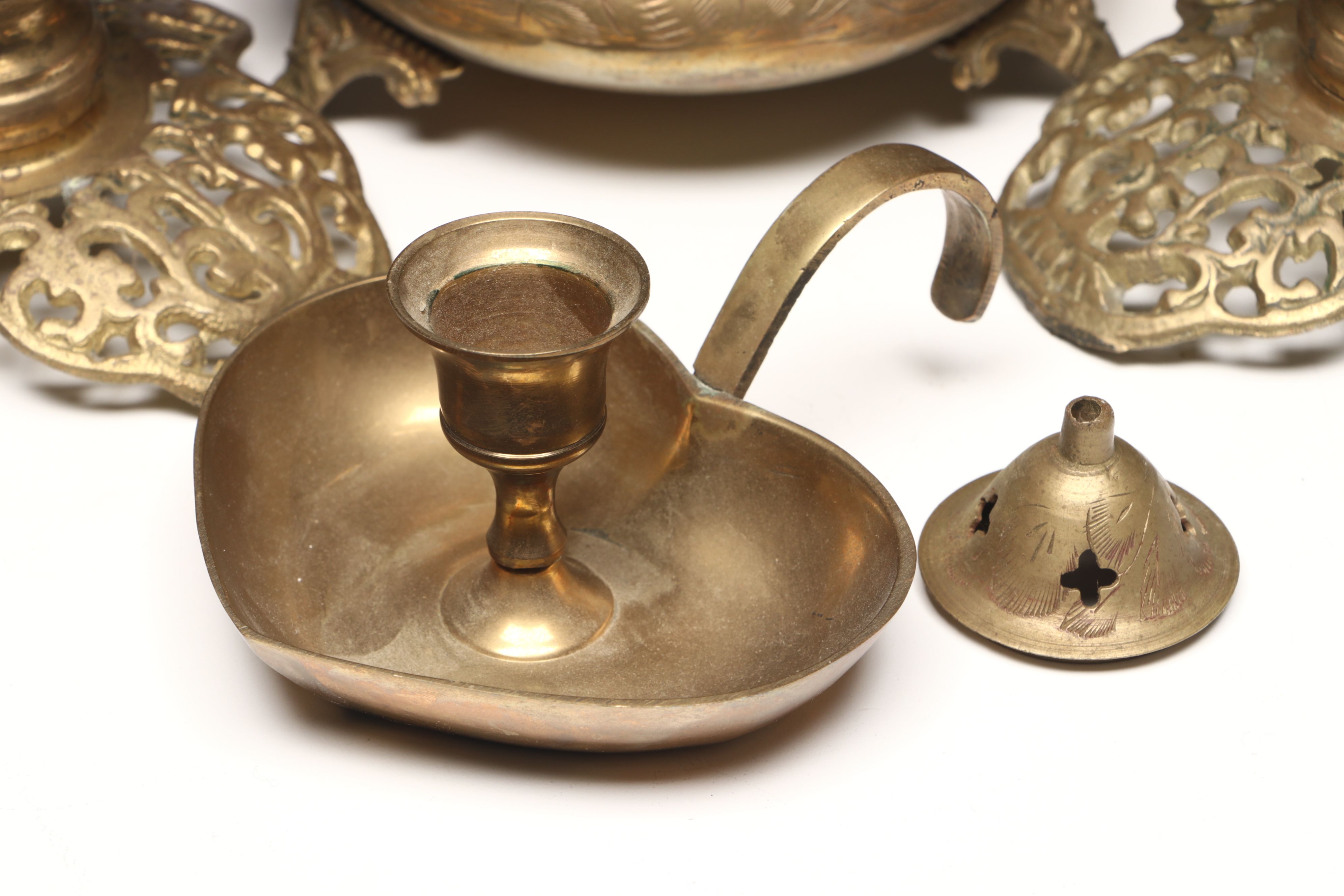 Indian Brass Censer with Other Metal Incense and Candle Holders