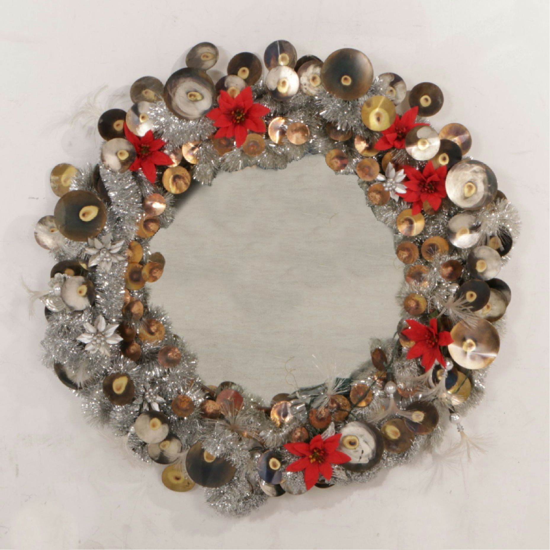 Christmas Light-Up Wall Mirror with Poinsettia and Tinsel Wreath Frame