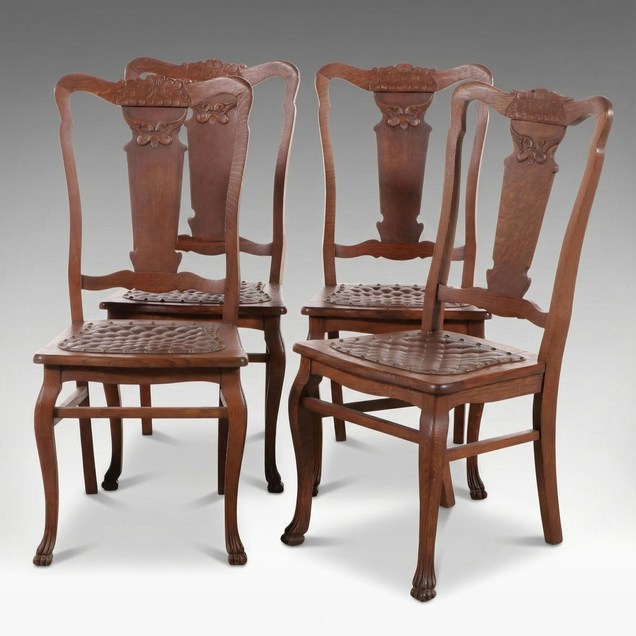 Late Victorian Style Chippendale Style Pressed Oak Dining Chairs, Early 20th C.