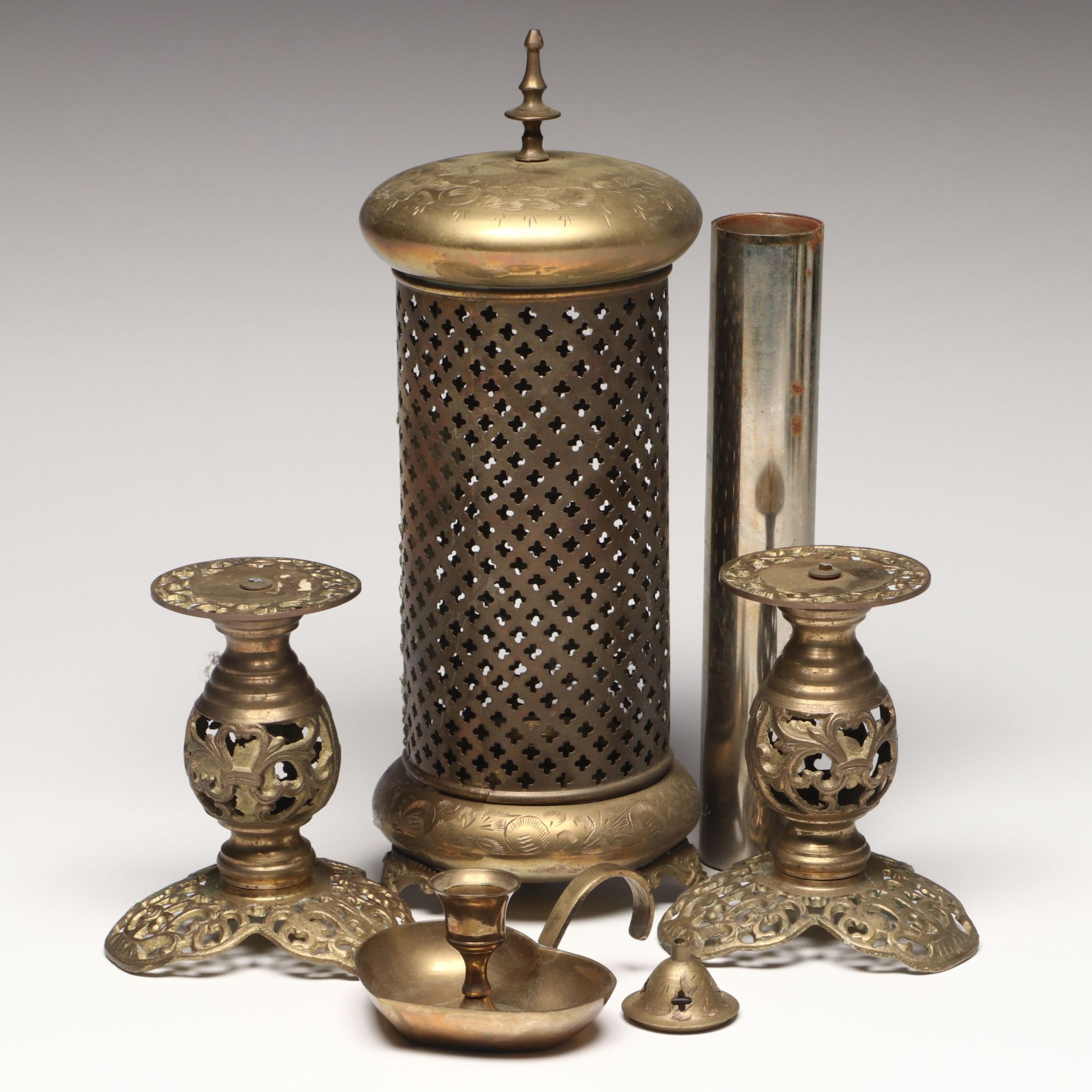 Indian Brass Censer with Other Metal Incense and Candle Holders