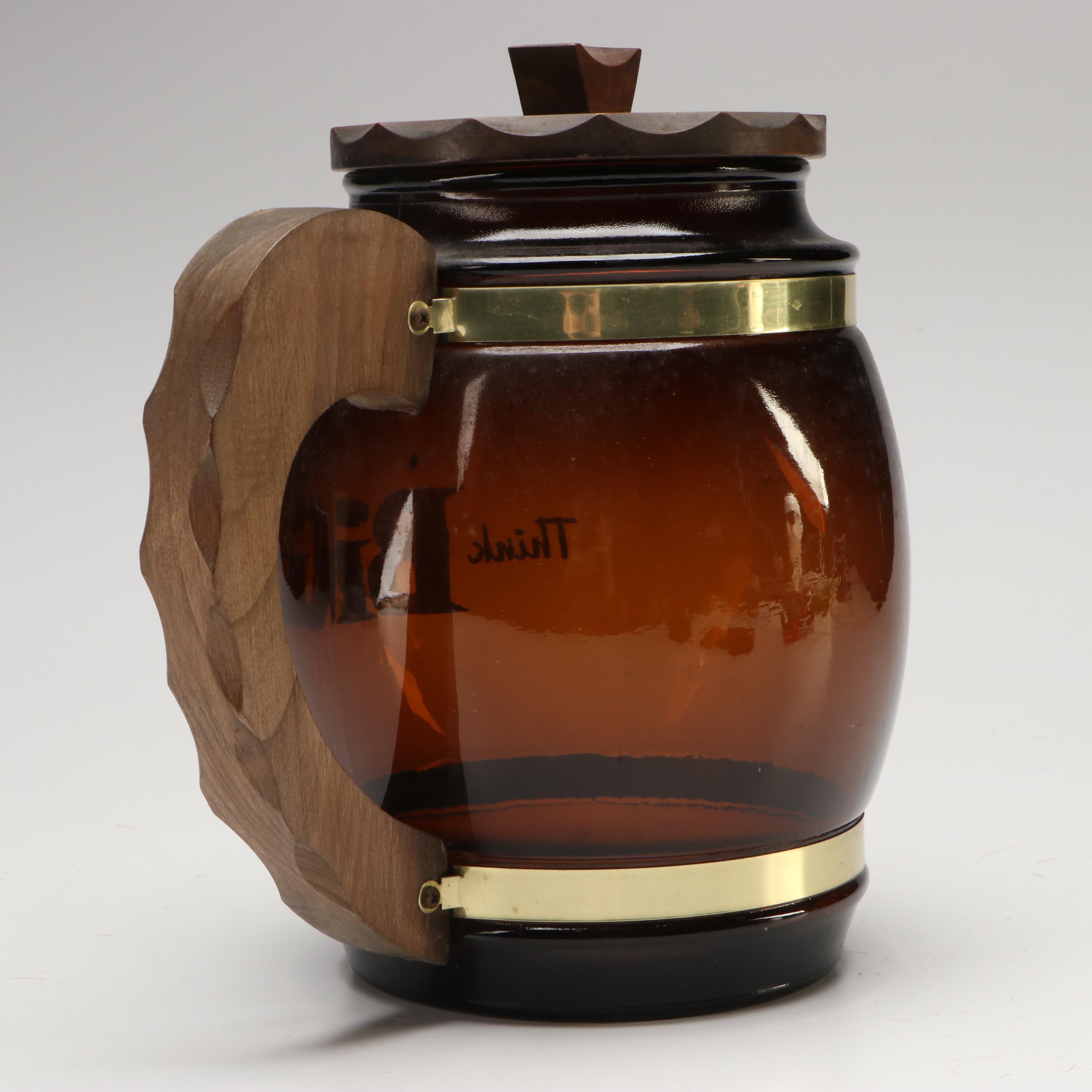 Siesta Ware "Think Big" Amber Glass and Wood Barrel Mug Cookie Jar, 1970s