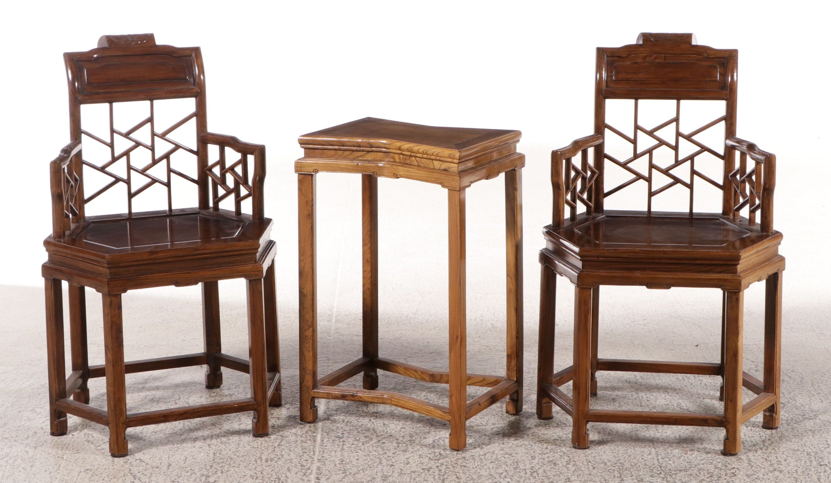 Chinese Style Rosewood "Crackle Ice" Armchairs and Other Side Table