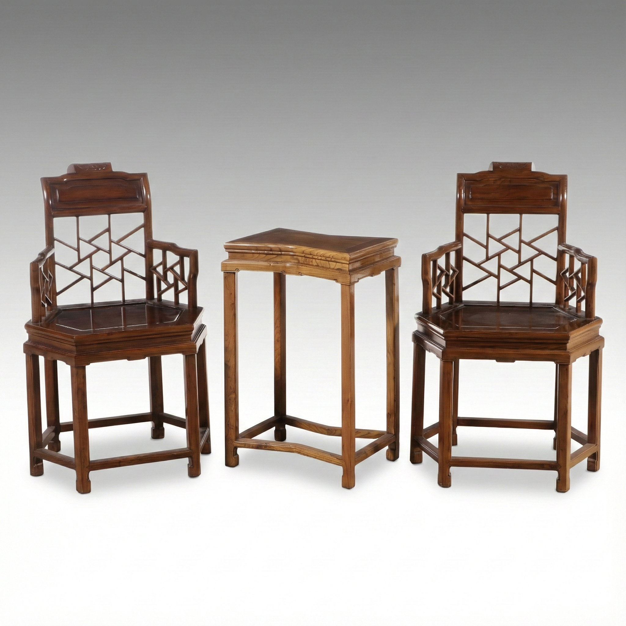 Chinese Style Rosewood "Crackle Ice" Armchairs and Other Side Table