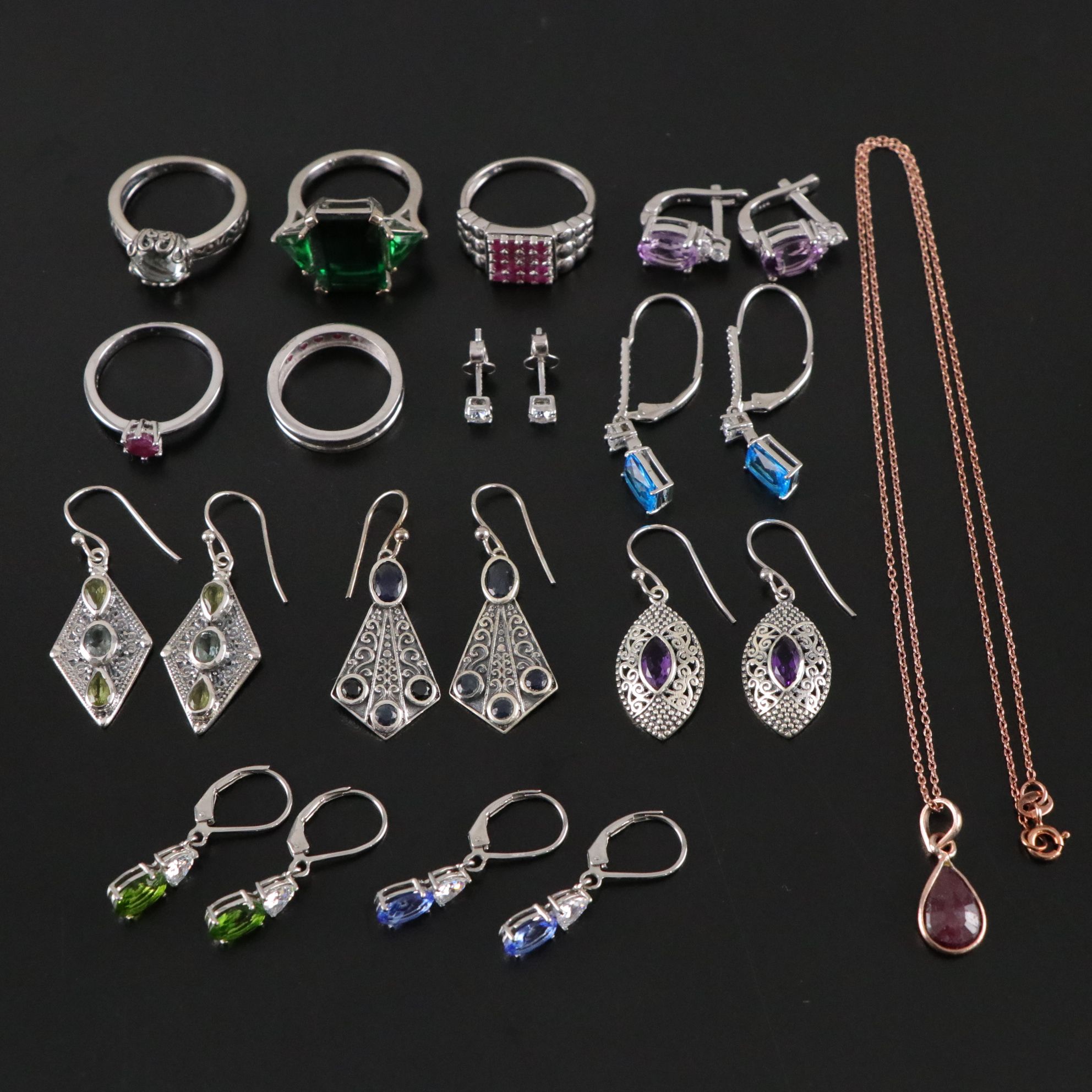 14 Assorted Sterling Silver Rings, Necklaces and Earrings