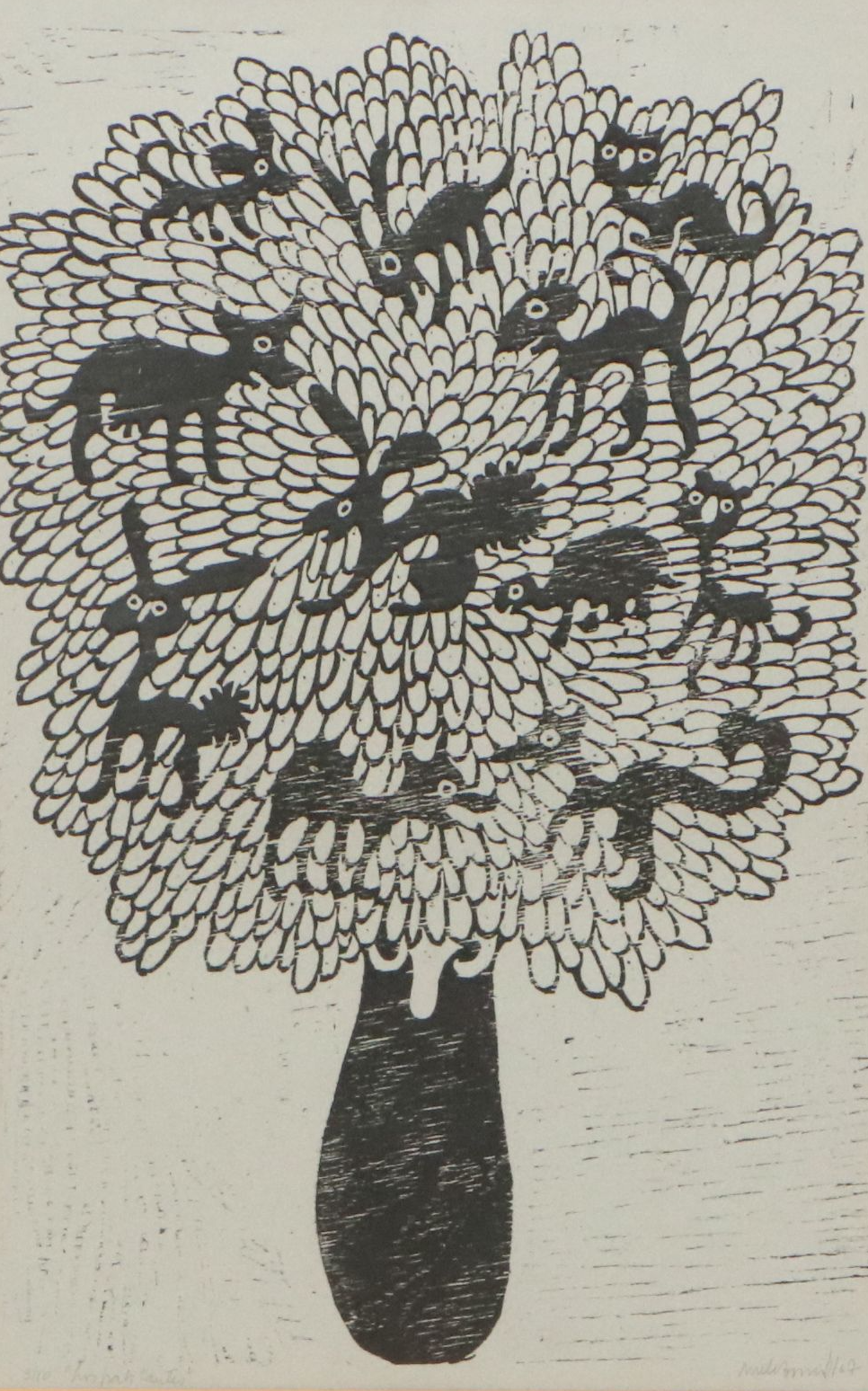 Stylized Woodcut of Animals in Tree, 1967