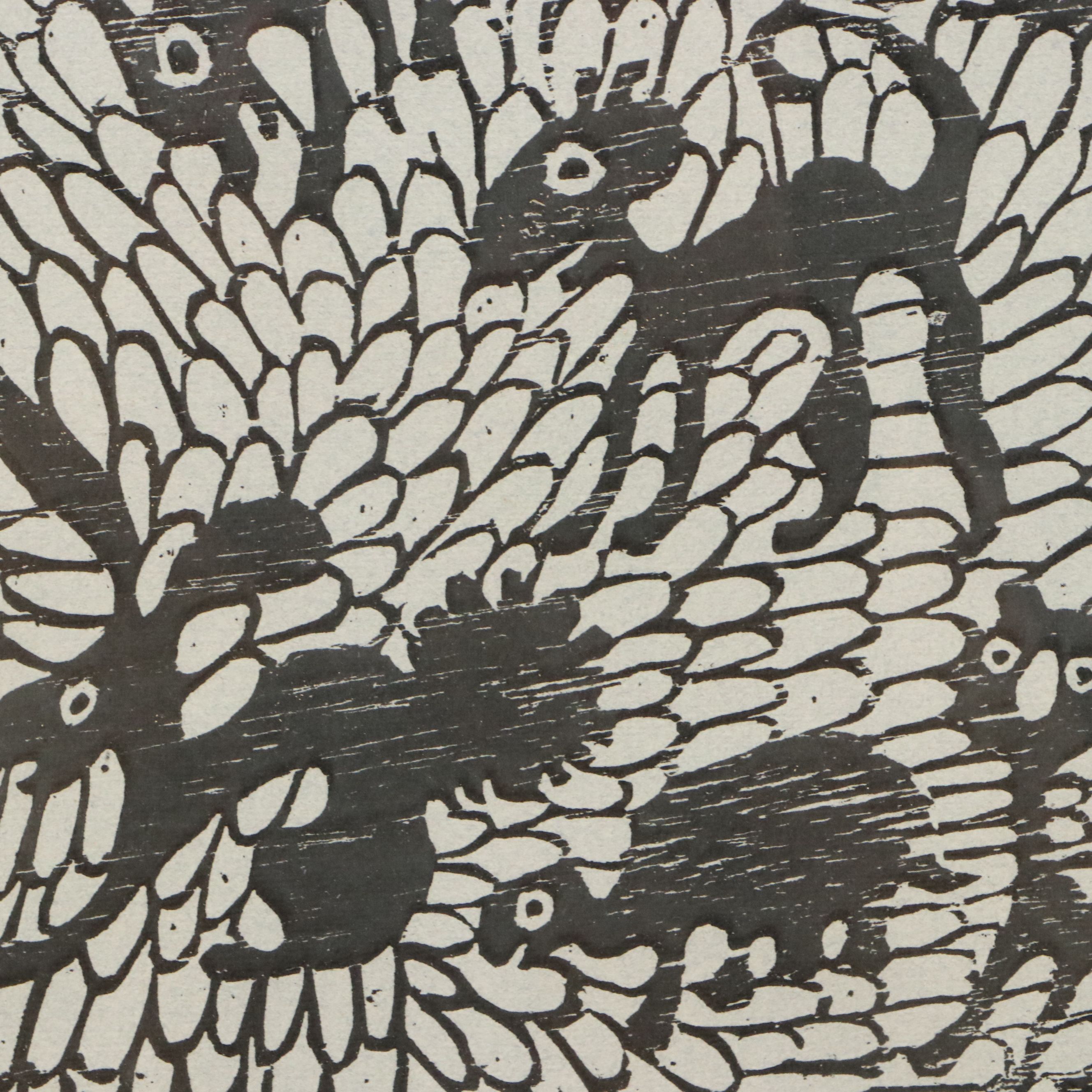 Stylized Woodcut of Animals in Tree, 1967