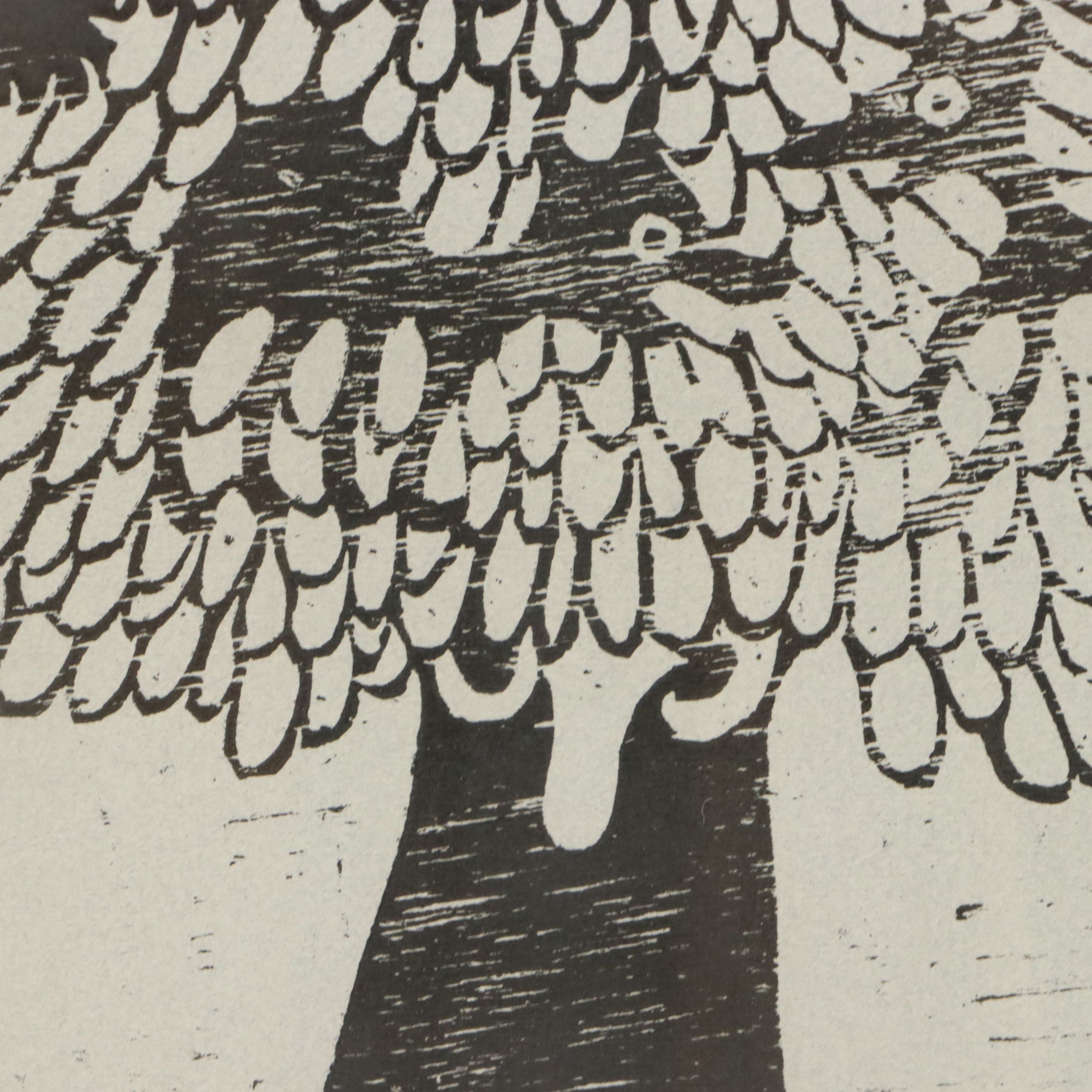 Stylized Woodcut of Animals in Tree, 1967