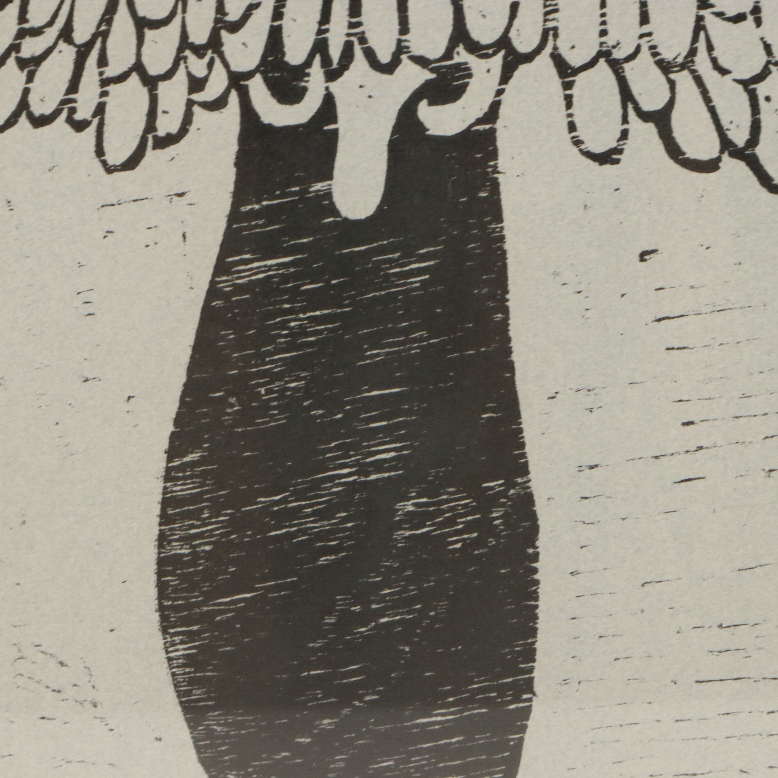 Stylized Woodcut of Animals in Tree, 1967