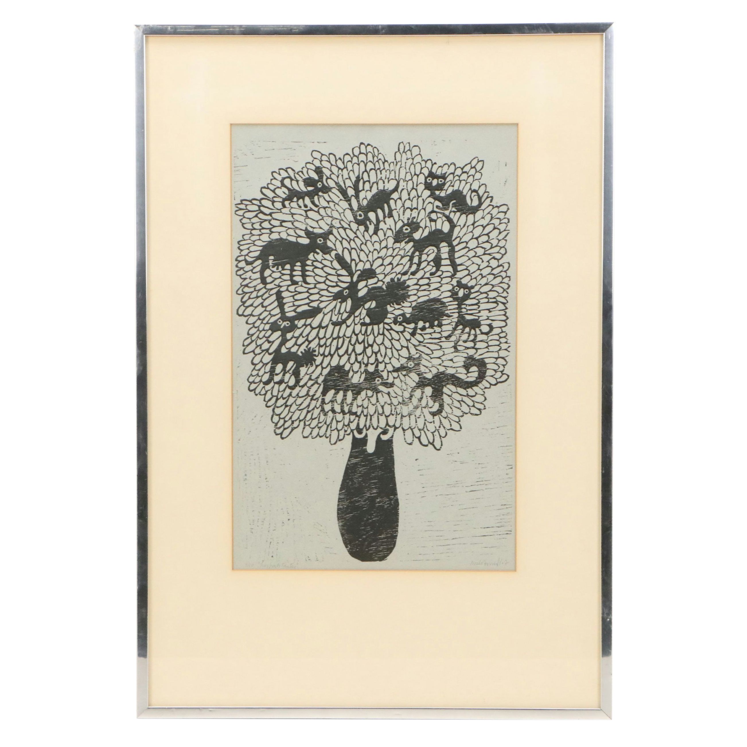 Stylized Woodcut of Animals in Tree, 1967