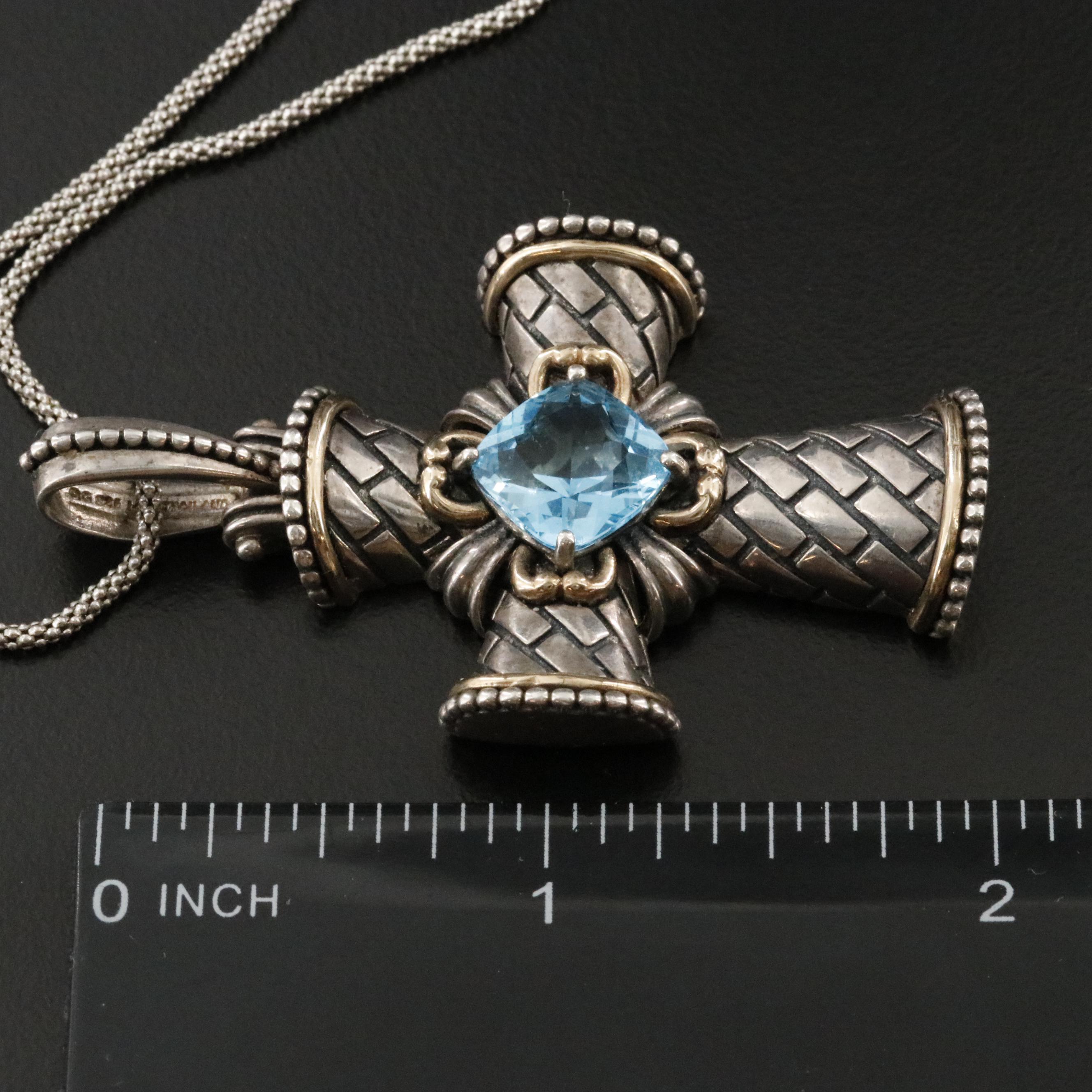 Sterling Swiss Blue Topaz Cross Pendant Necklace with 14K Accents