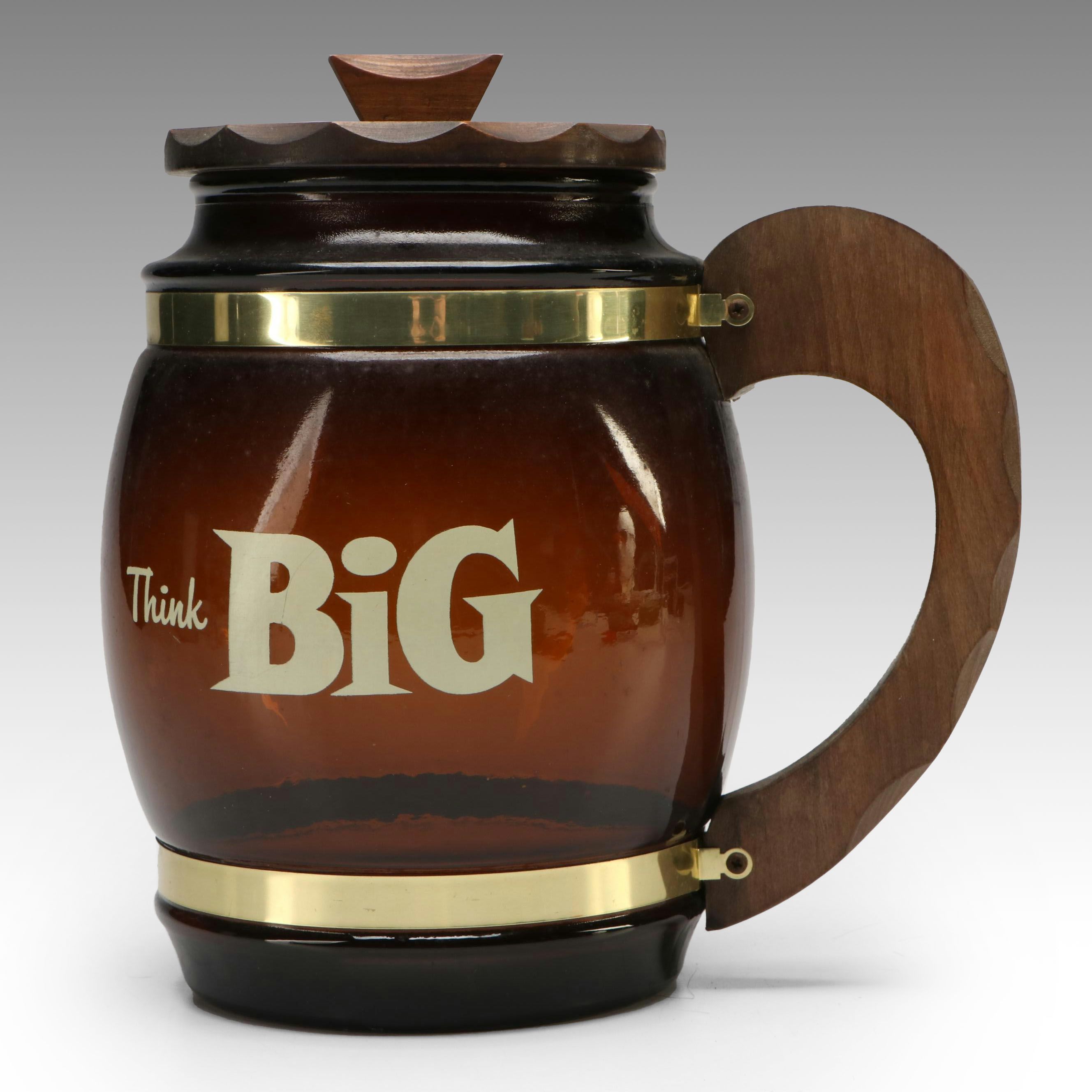 Siesta Ware "Think Big" Amber Glass and Wood Barrel Mug Cookie Jar, 1970s