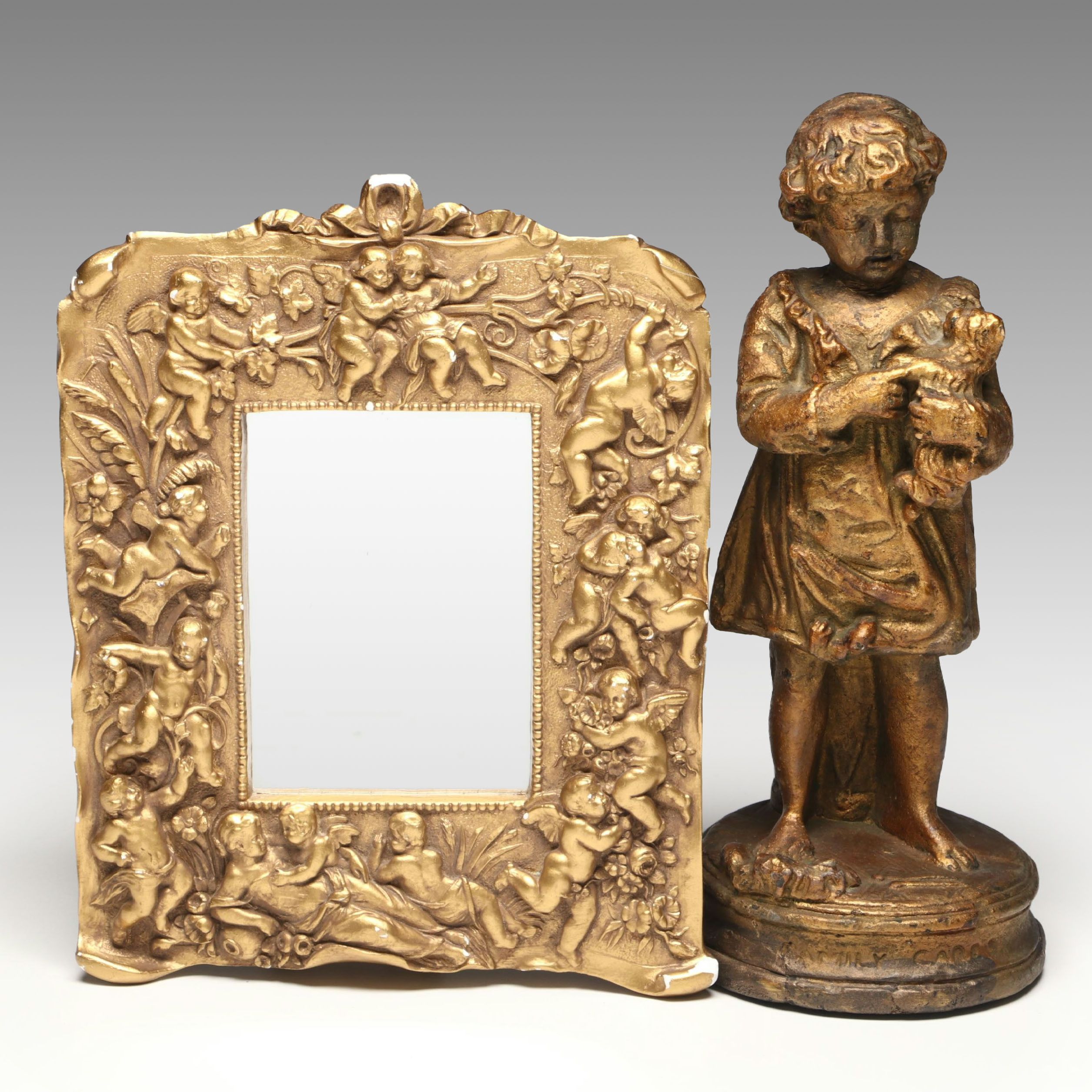 Gargoyles Studio Gilt Finish Chalkware Mirror with Gilt Finish Plaster Sculpture