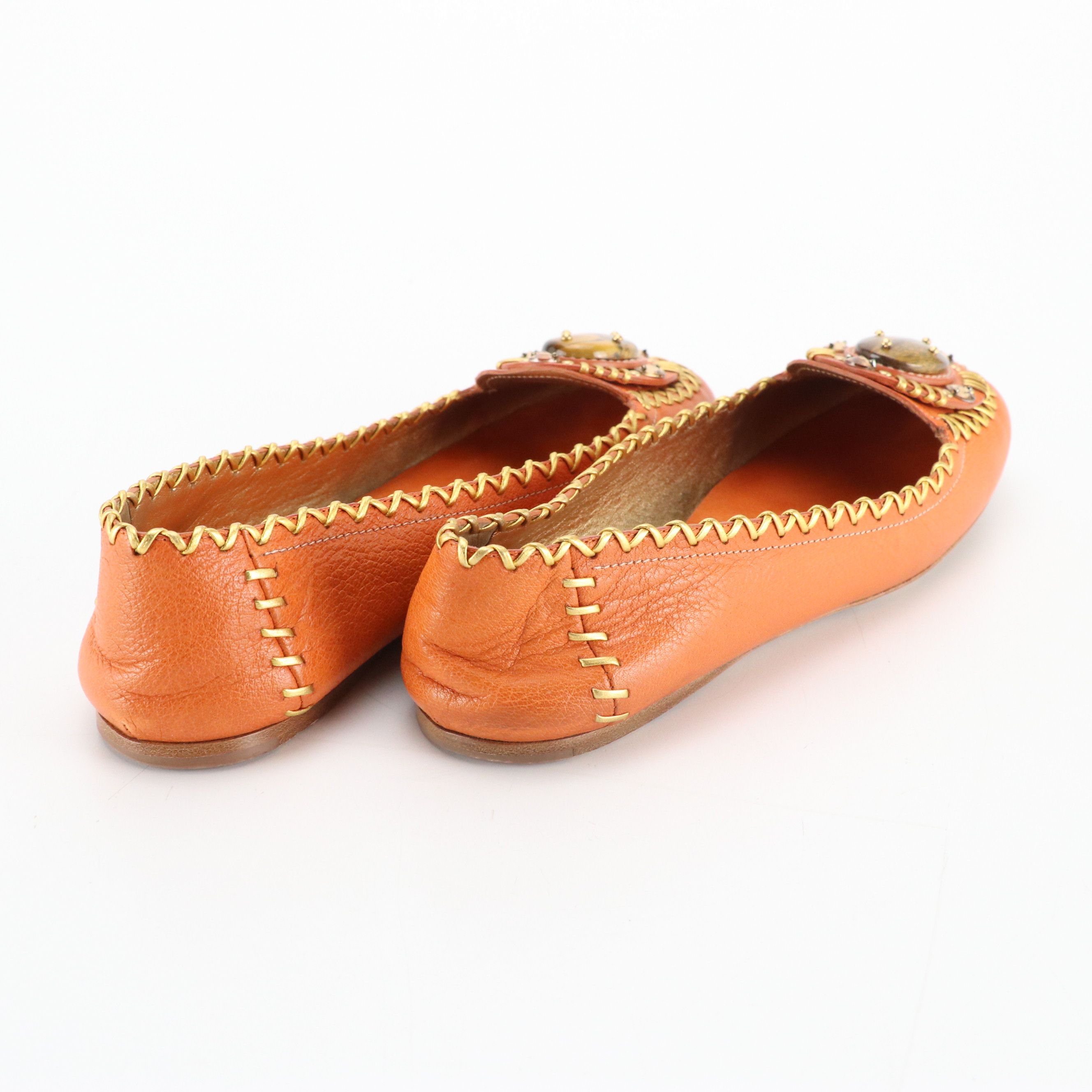 Prada Crystal Embellished Leather Flats with Stitching Detail/Tiger Eye Cabochon