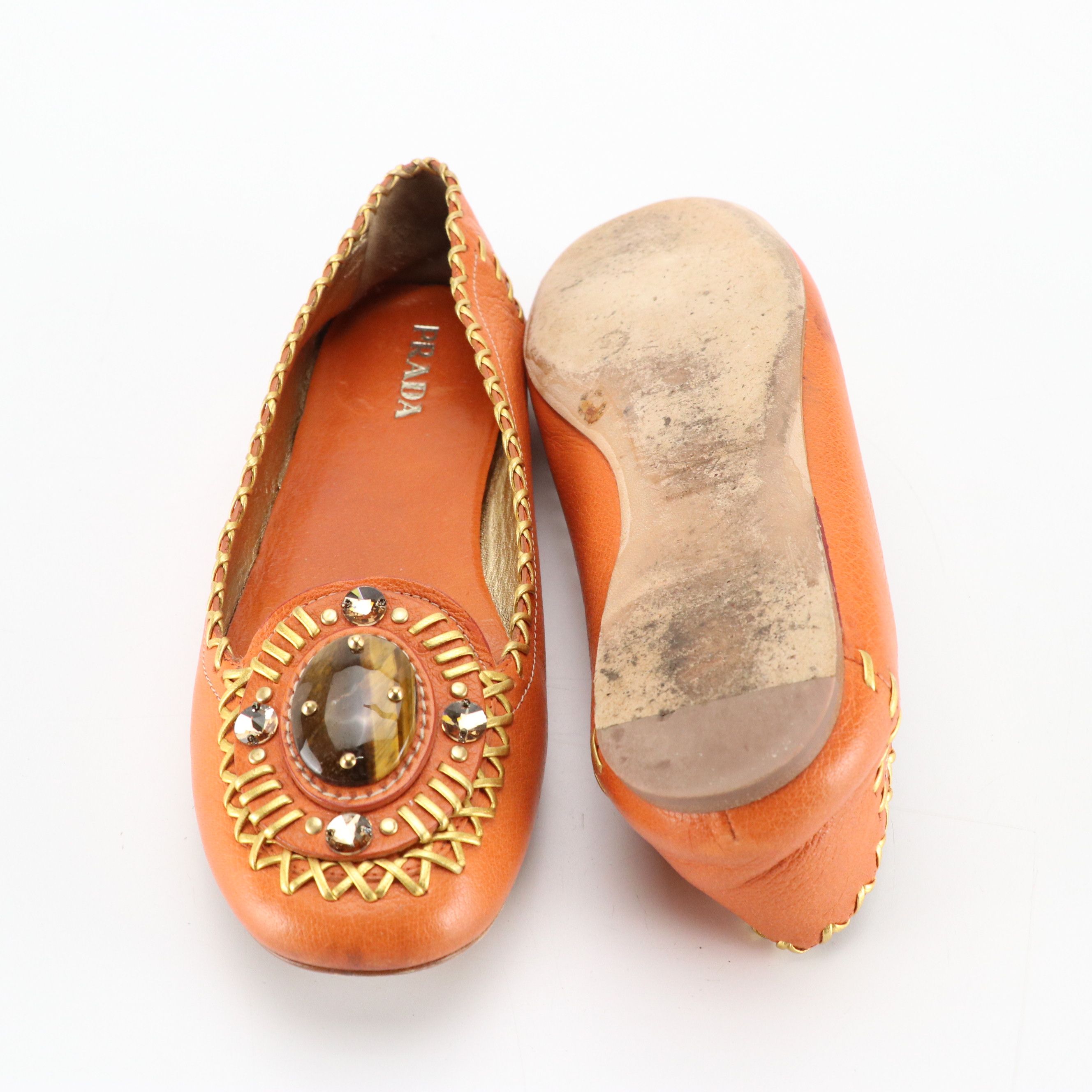Prada Crystal Embellished Leather Flats with Stitching Detail/Tiger Eye Cabochon