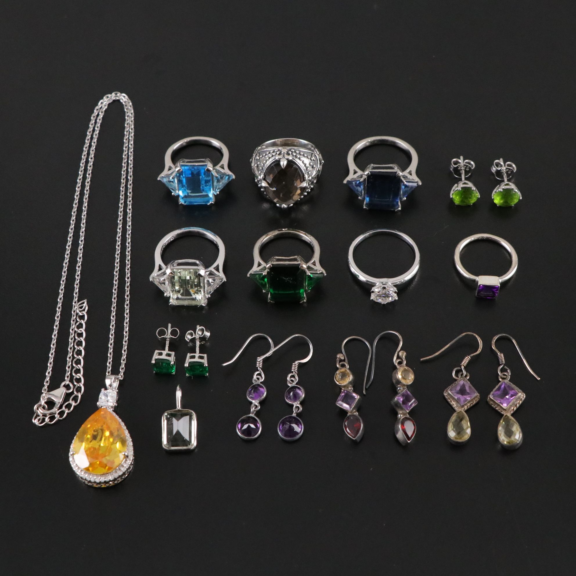 14 Assorted Sterling Silver Rings, Necklaces and Earrings