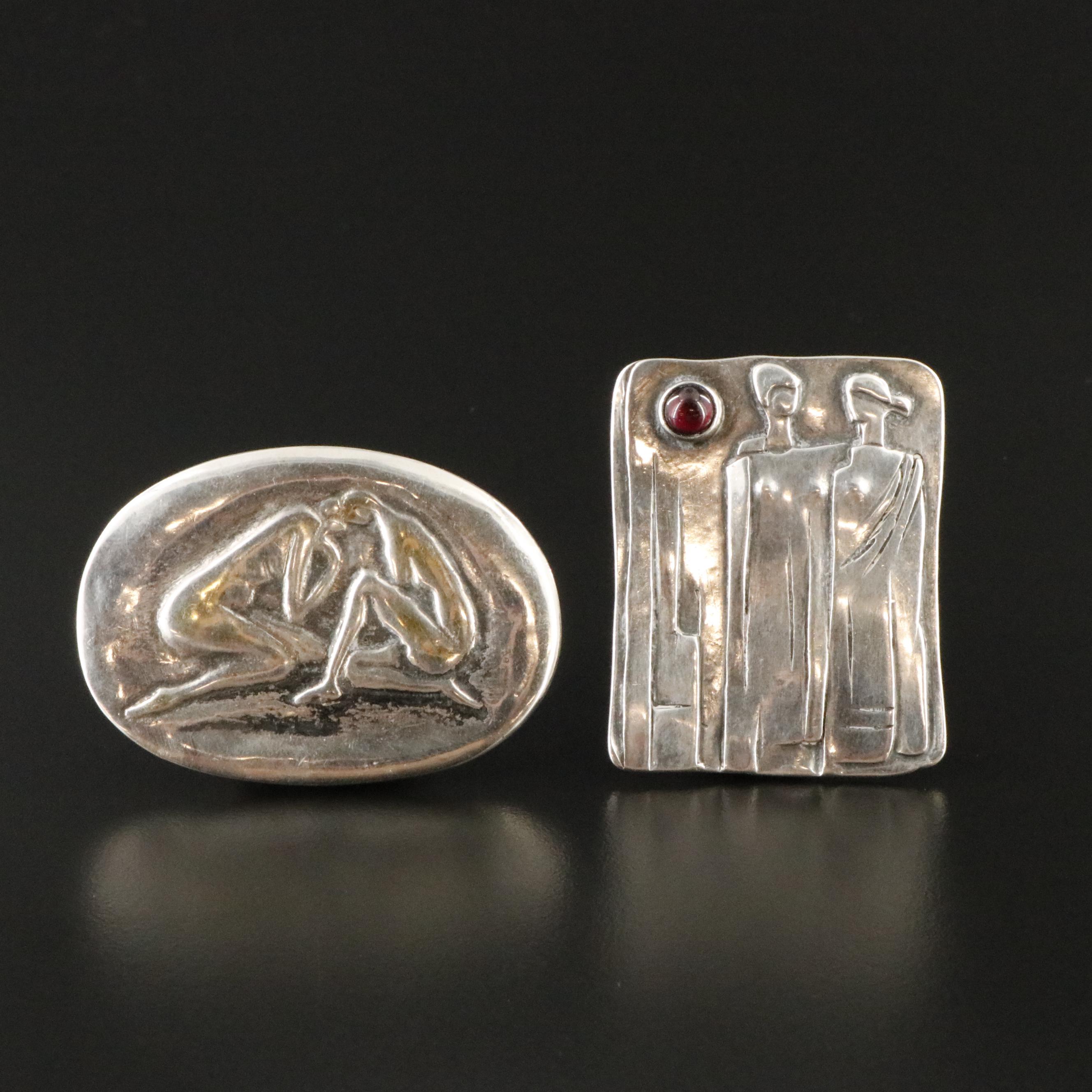 Sterling Greco-Roman Motif and Nude Brooches with Rhodolite Garnet Accent