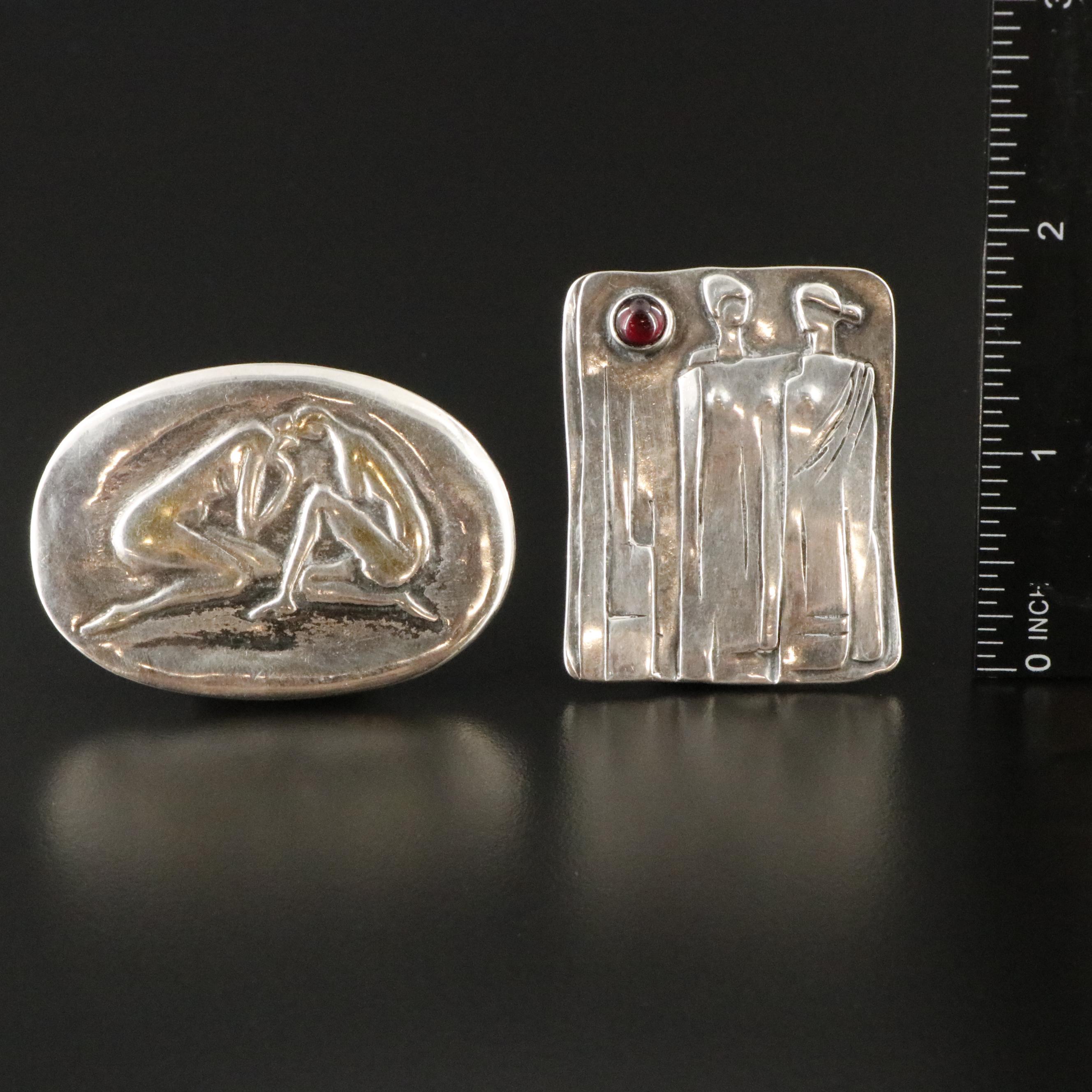Sterling Greco-Roman Motif and Nude Brooches with Rhodolite Garnet Accent