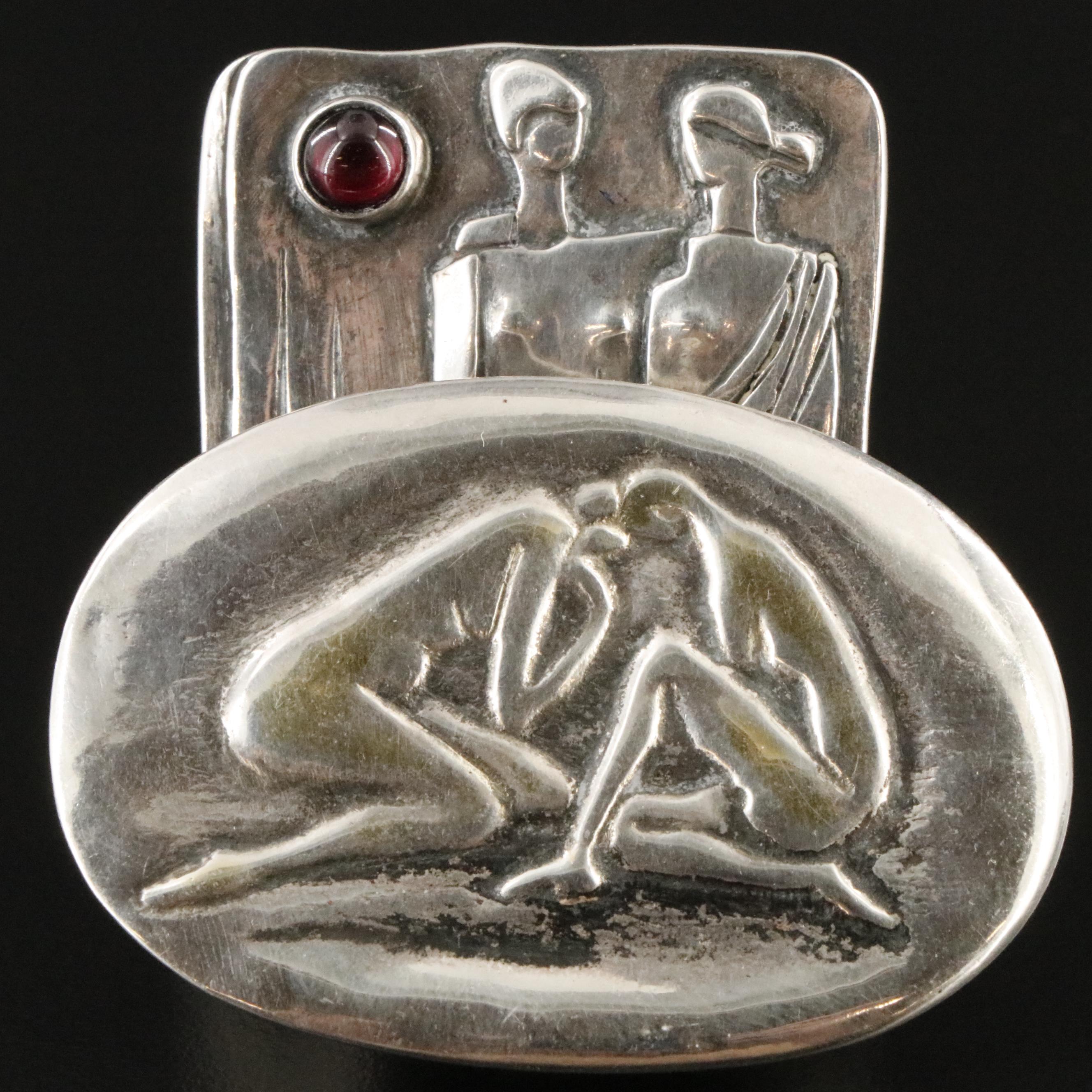 Sterling Greco-Roman Motif and Nude Brooches with Rhodolite Garnet Accent