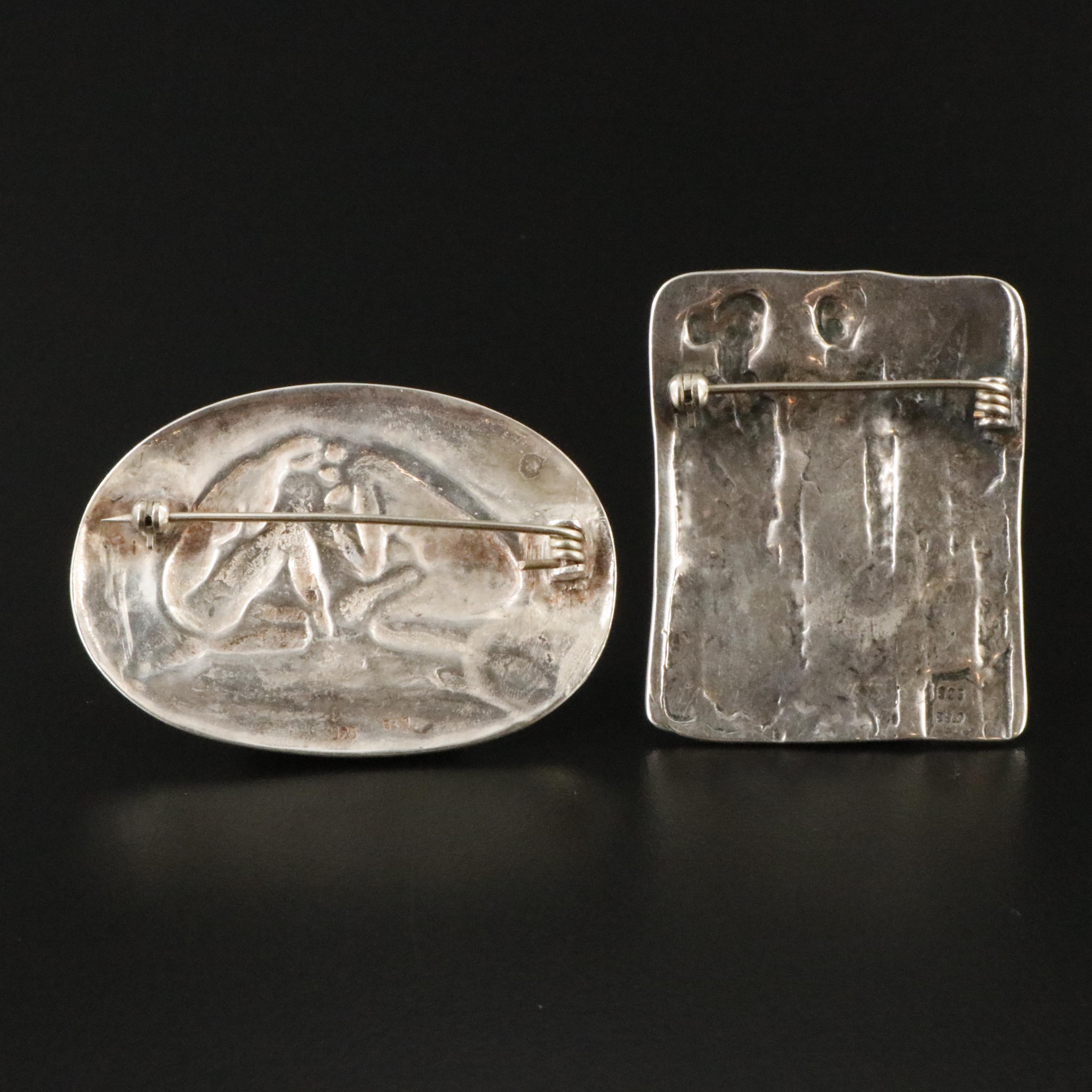 Sterling Greco-Roman Motif and Nude Brooches with Rhodolite Garnet Accent