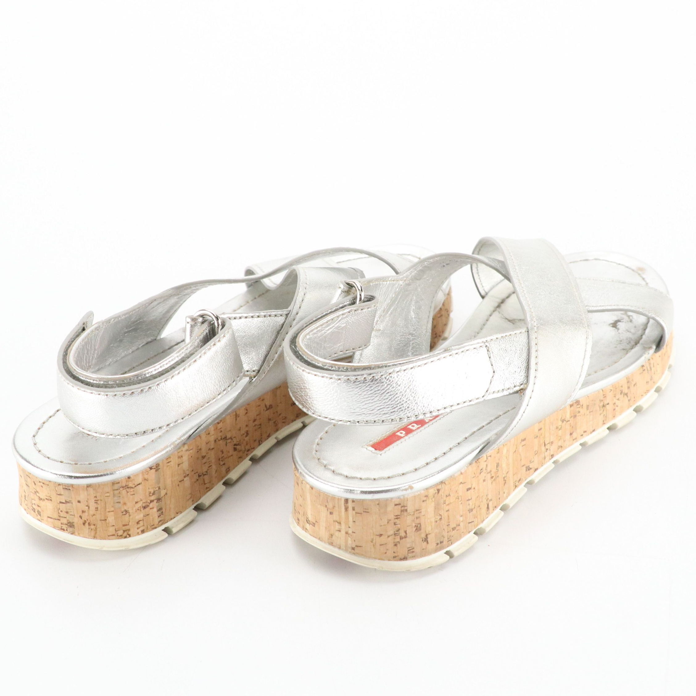 Prada Sport Silver Metallic Leather Cork Sandals