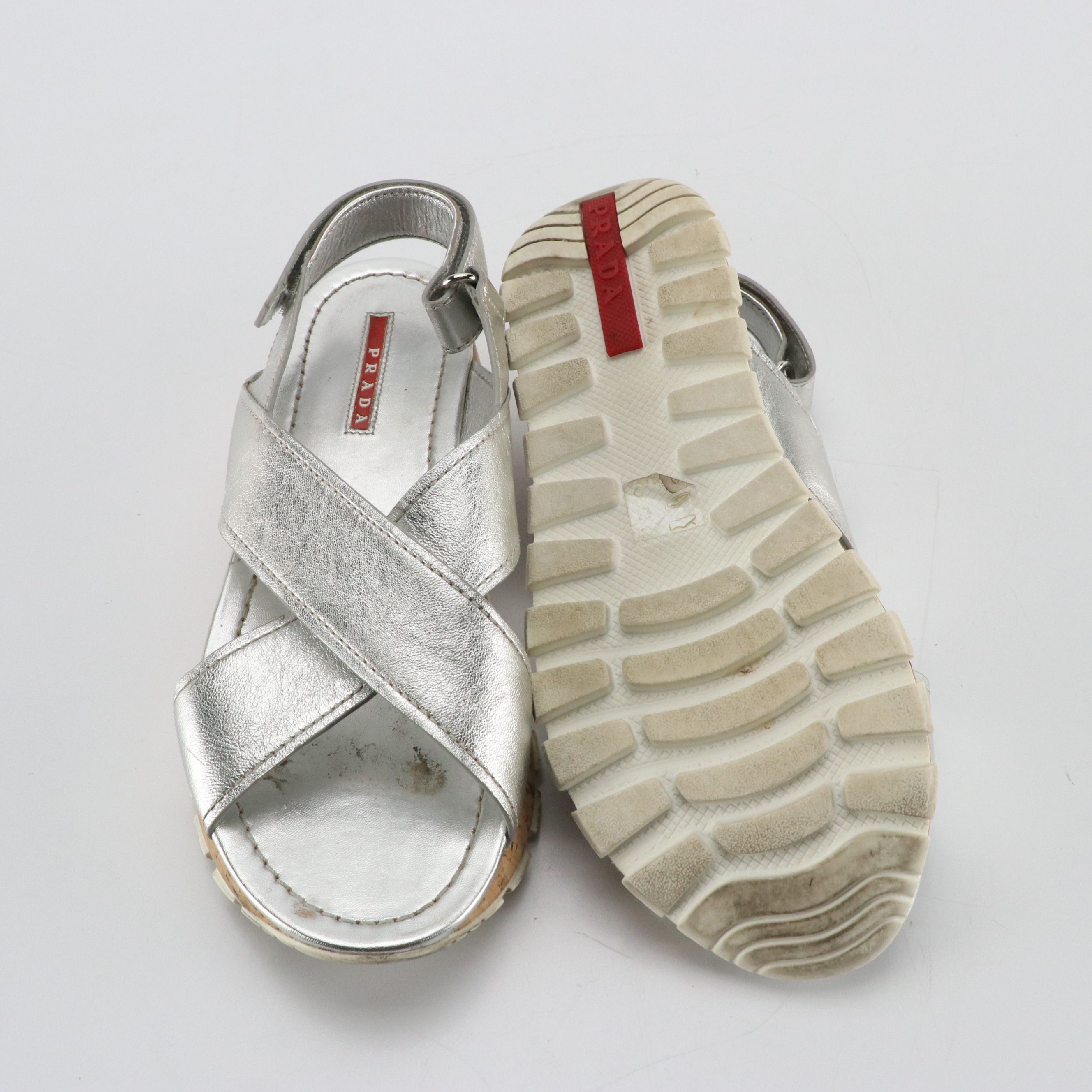 Prada Sport Silver Metallic Leather Cork Sandals
