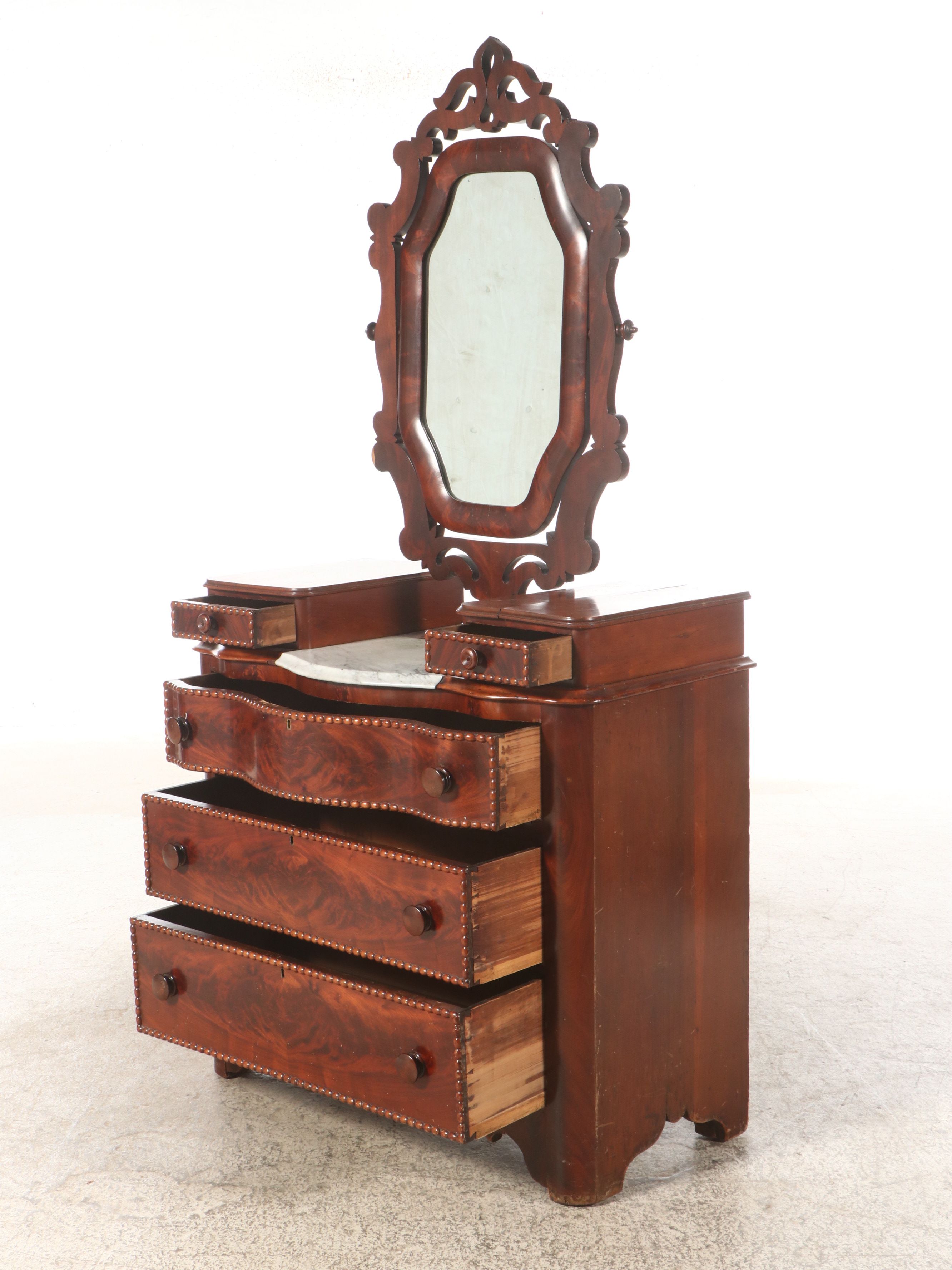 Gothic Revival Style Flame Mahogany and Wood Marble Dresser with Glove Drawers