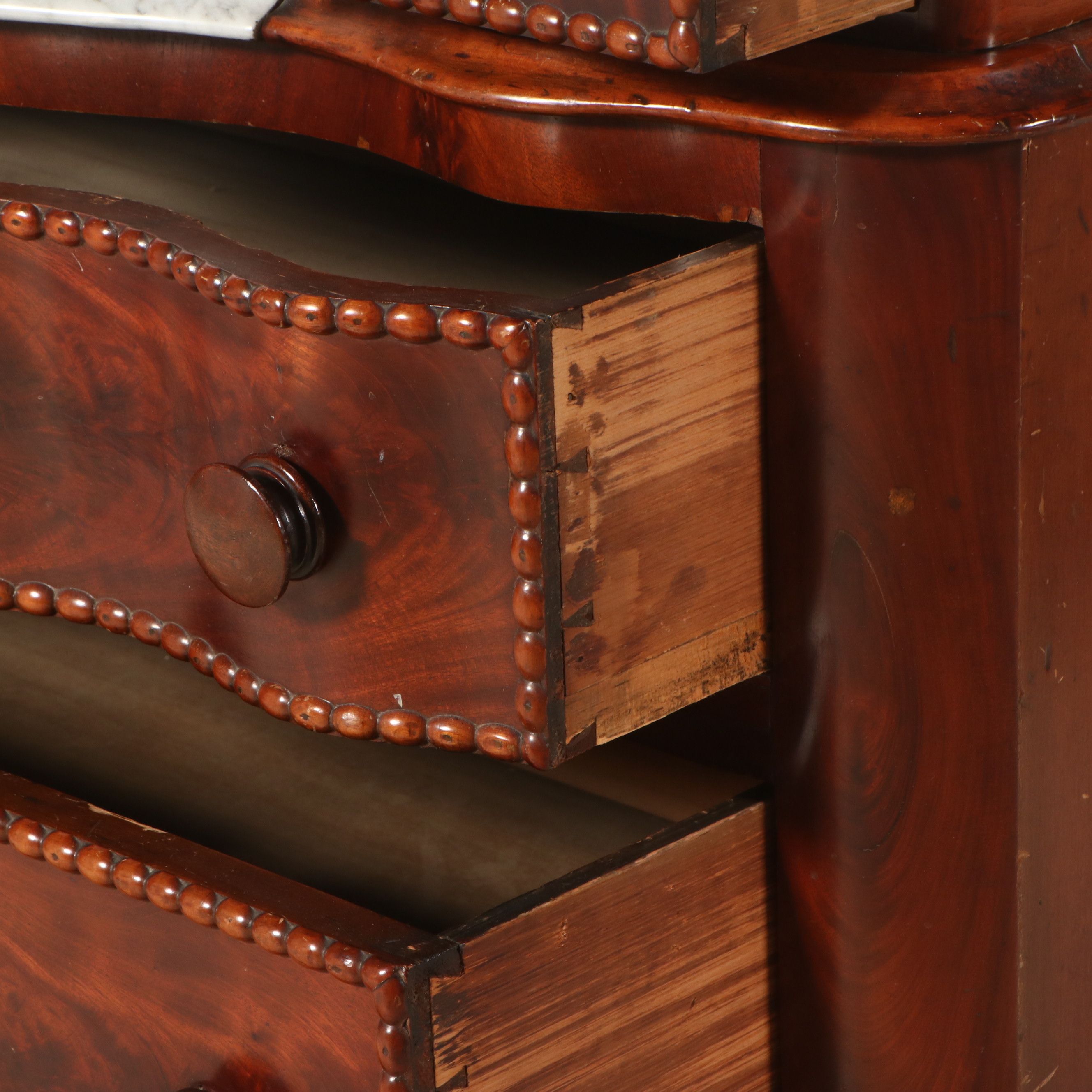 Gothic Revival Style Flame Mahogany and Wood Marble Dresser with Glove Drawers