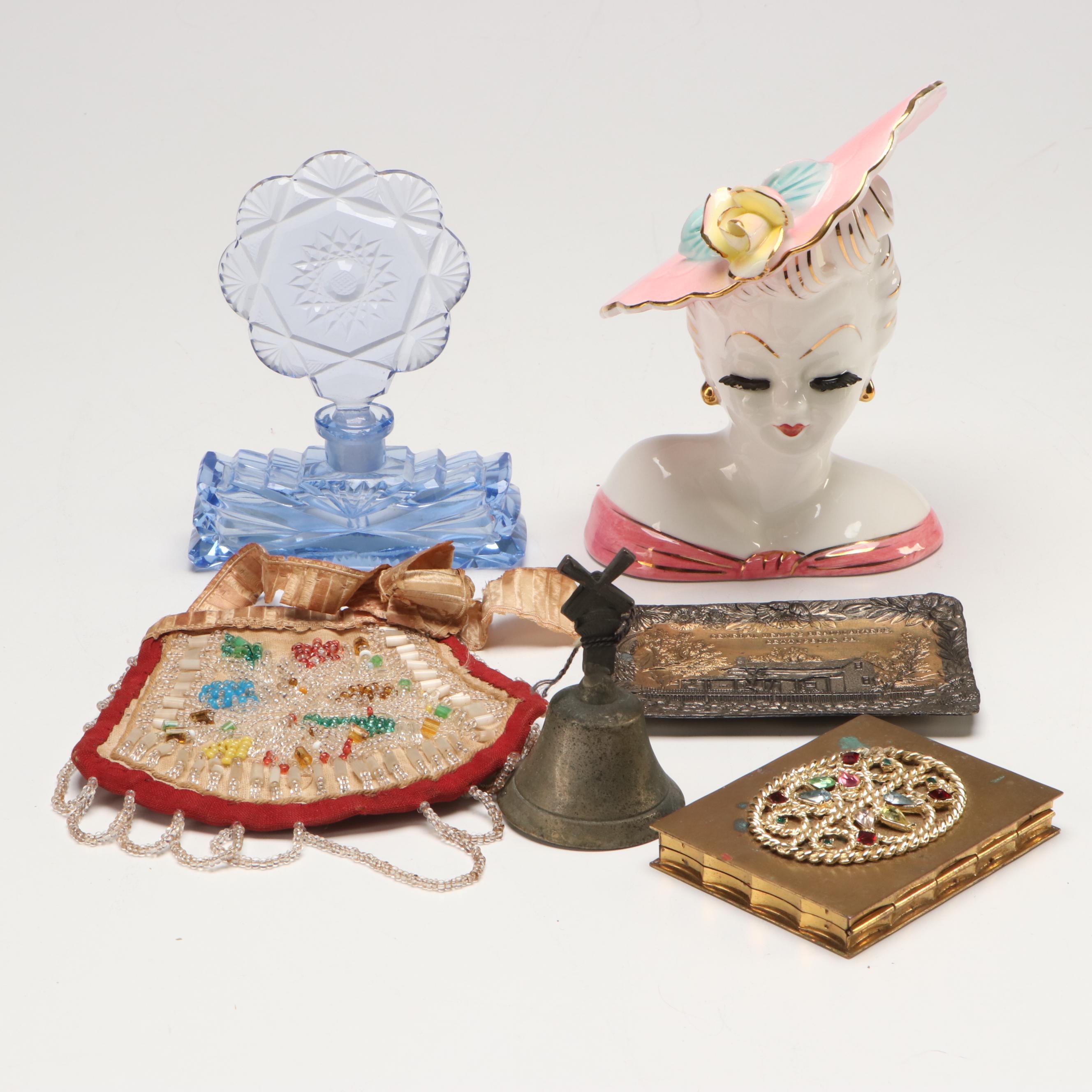 Volupté Compact, Lefton Lady Head Vase, Iroquois Beaded Purse & Accessories