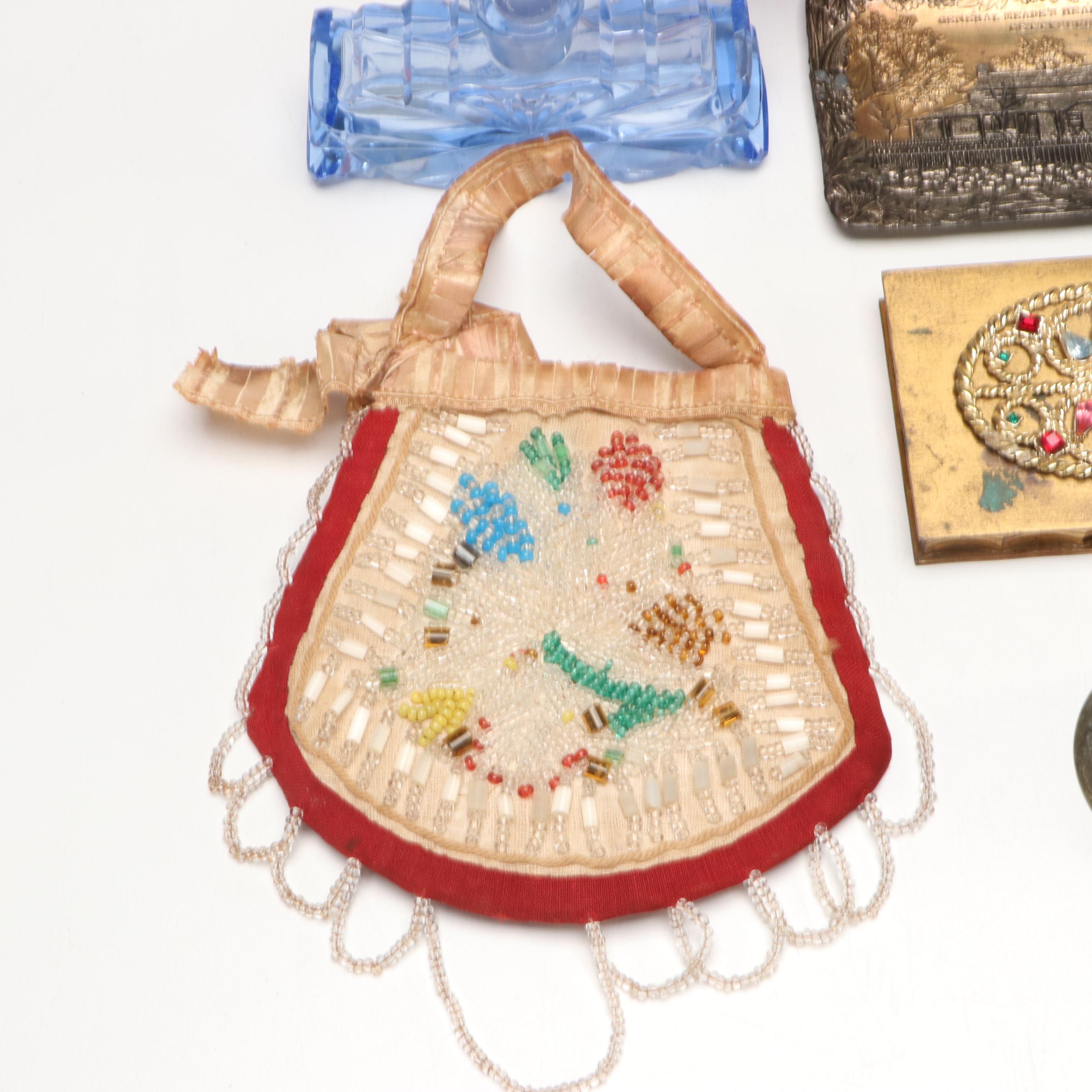 Volupté Compact, Lefton Lady Head Vase, Iroquois Beaded Purse & Accessories