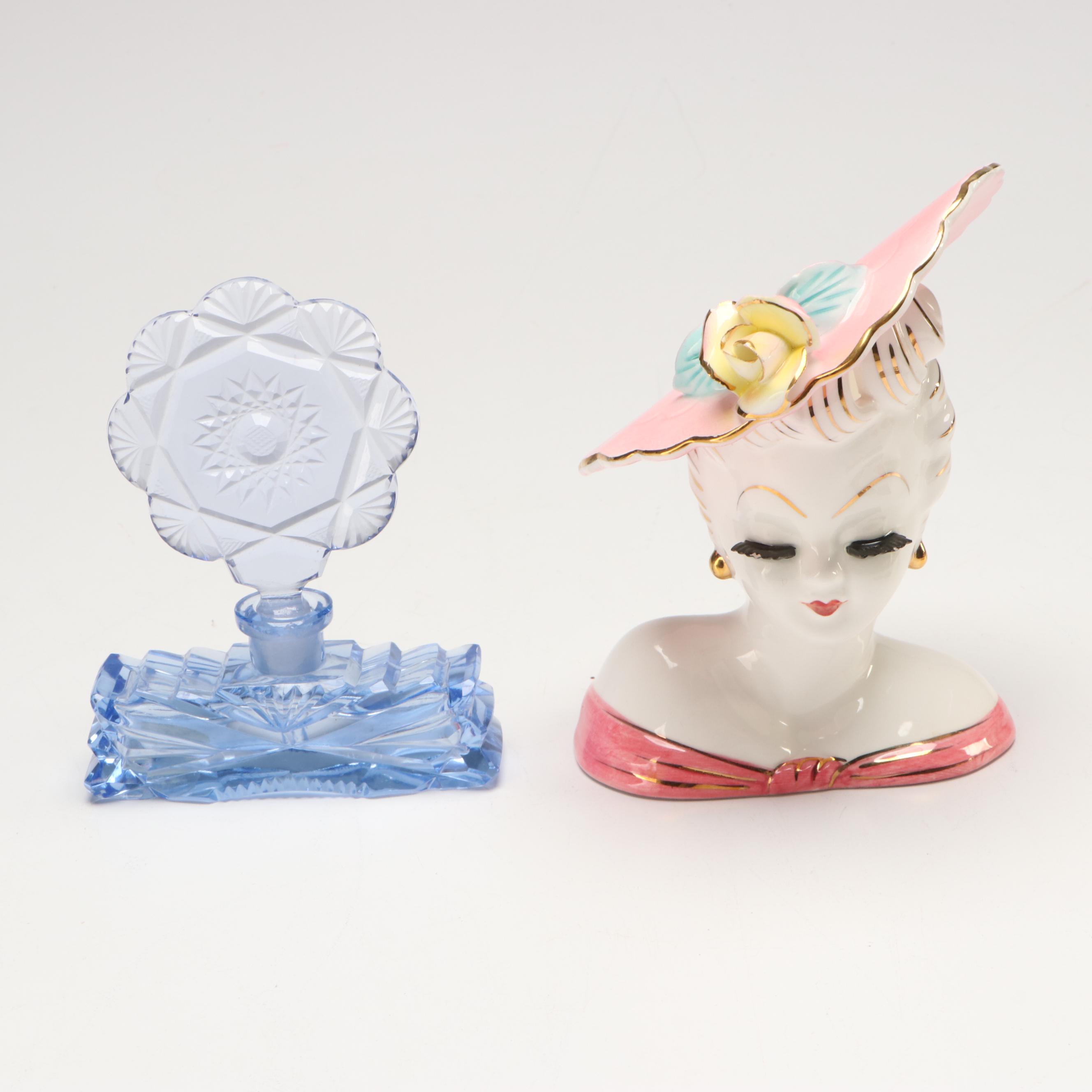 Volupté Compact, Lefton Lady Head Vase, Iroquois Beaded Purse & Accessories