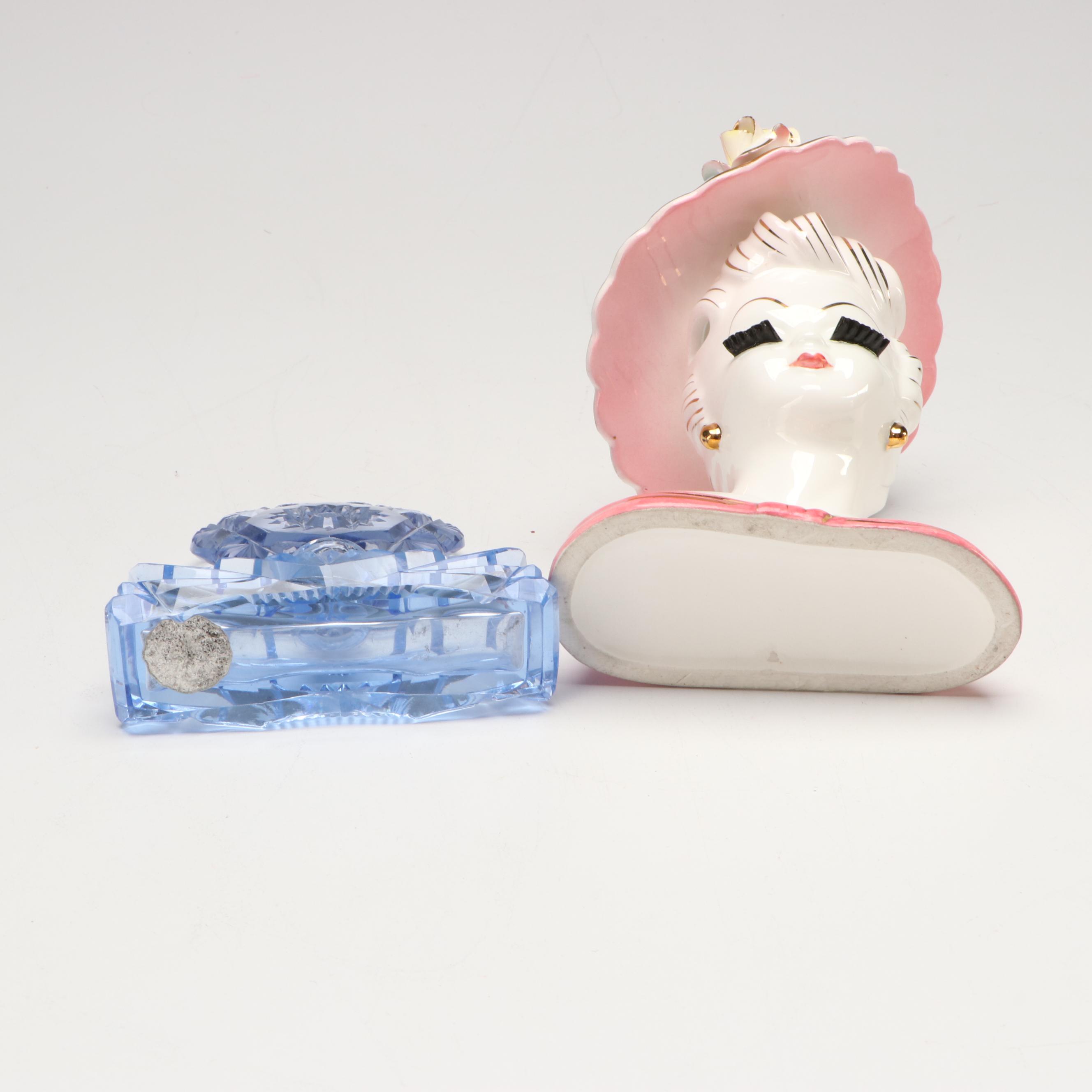 Volupté Compact, Lefton Lady Head Vase, Iroquois Beaded Purse & Accessories