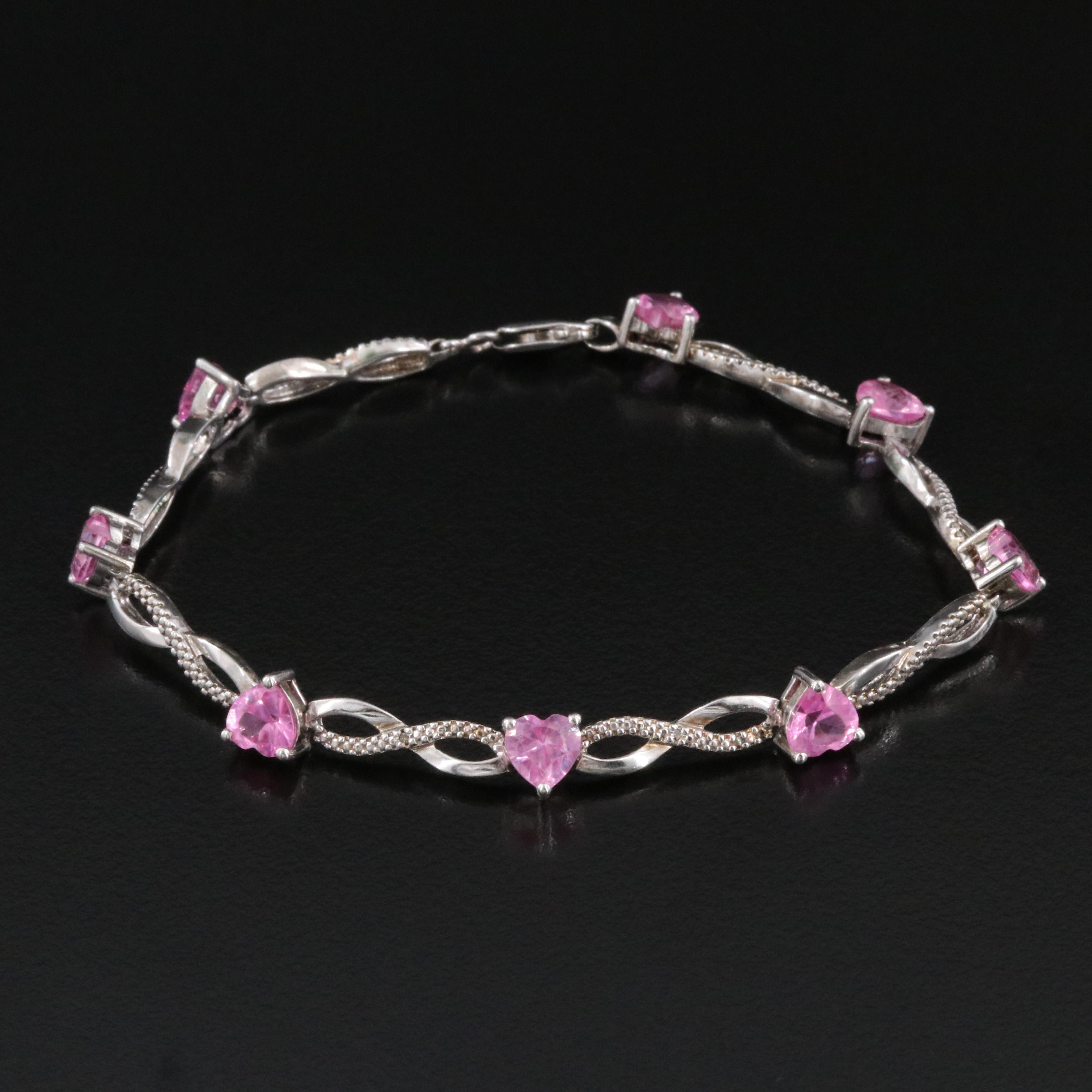 Sterling Pink Sapphire Heart Bracelet with Diamond Accents