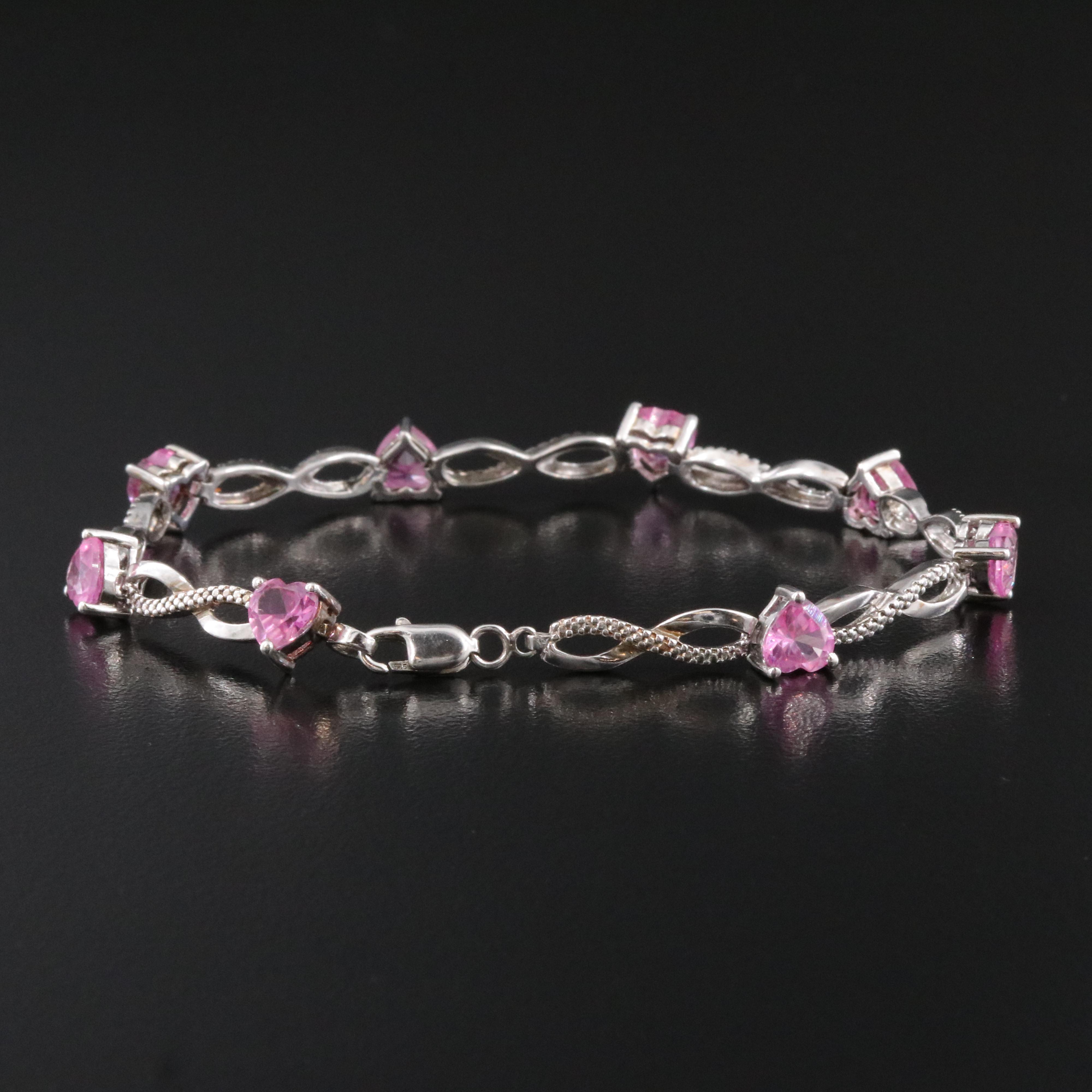 Sterling Pink Sapphire Heart Bracelet with Diamond Accents