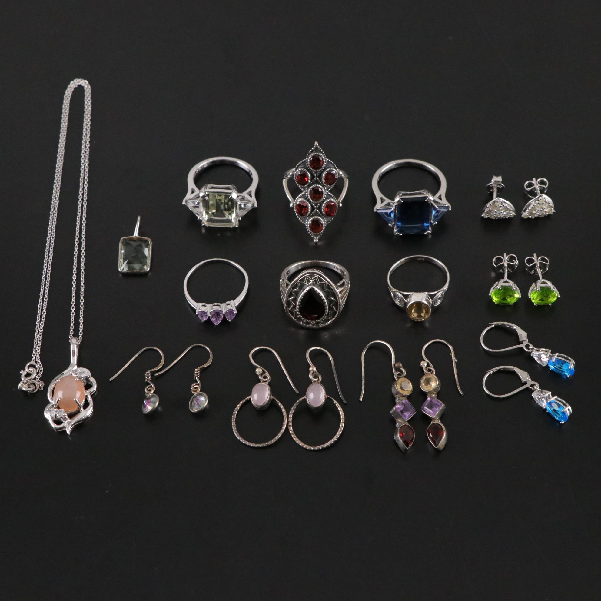 14 Assorted Sterling Silver Rings, Necklaces and Earrings